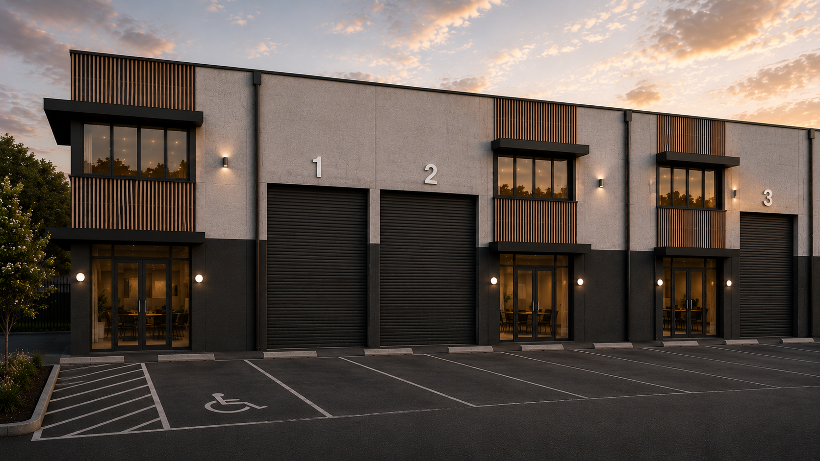 Artist impression of modern concrete tilt panel warehouse units by Southlink WA in Regional Western Australia.