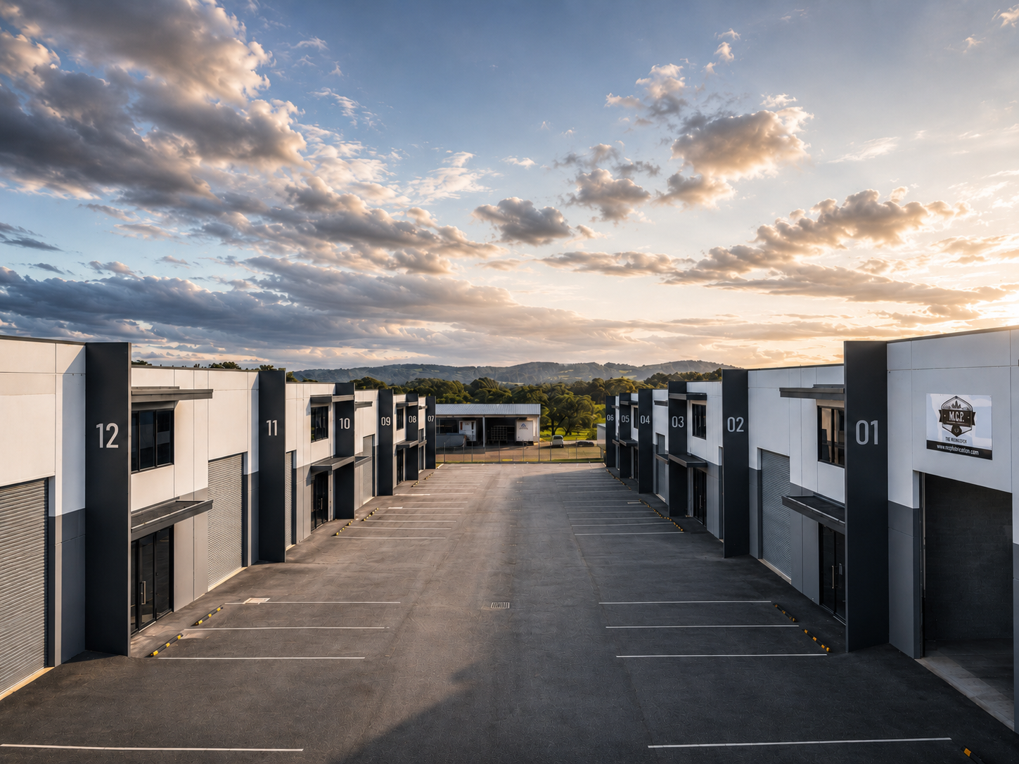 Aerial view of Southlink Denmark industrial development featuring 12 concrete tilt panel warehouse units in Denmark WA.