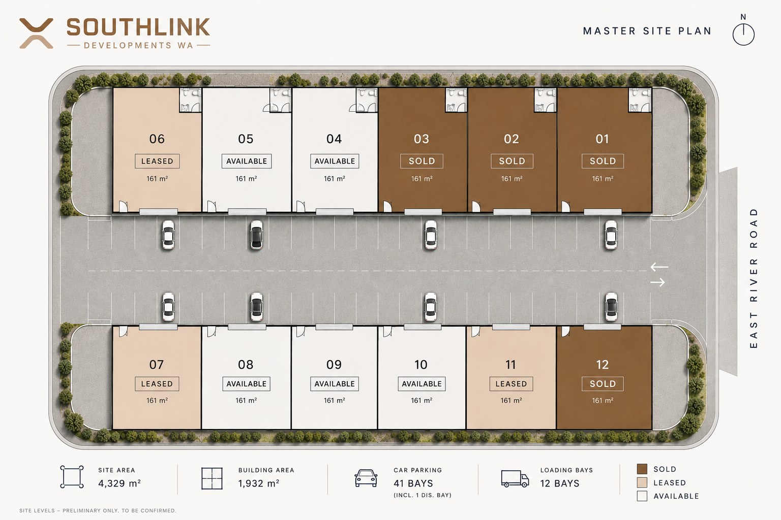 Southlink Denmark industrial estate floorplan showing available warehouse units for sale and lease.