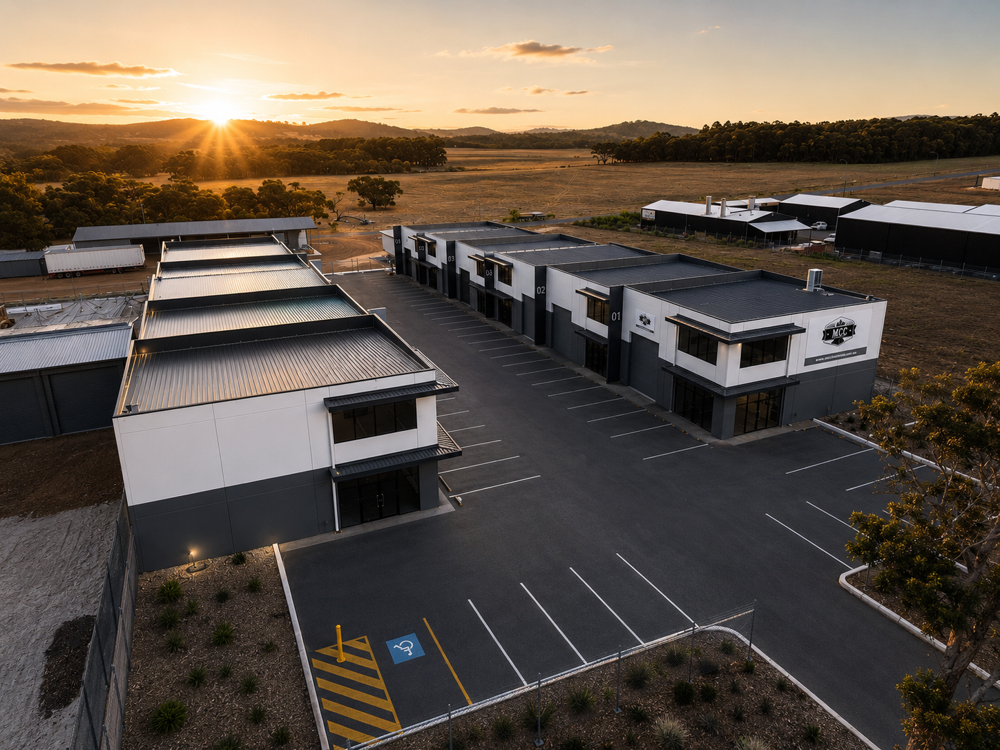 Sunset aerial image of Southlink Denmark industrial warehouse development highlighting the convenient location within Denmark WA.