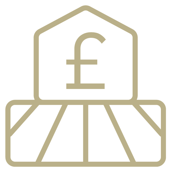A stylized illustration of a house with a British pound (£) symbol above it, connected to a support structure resembling a foundation or money grid.