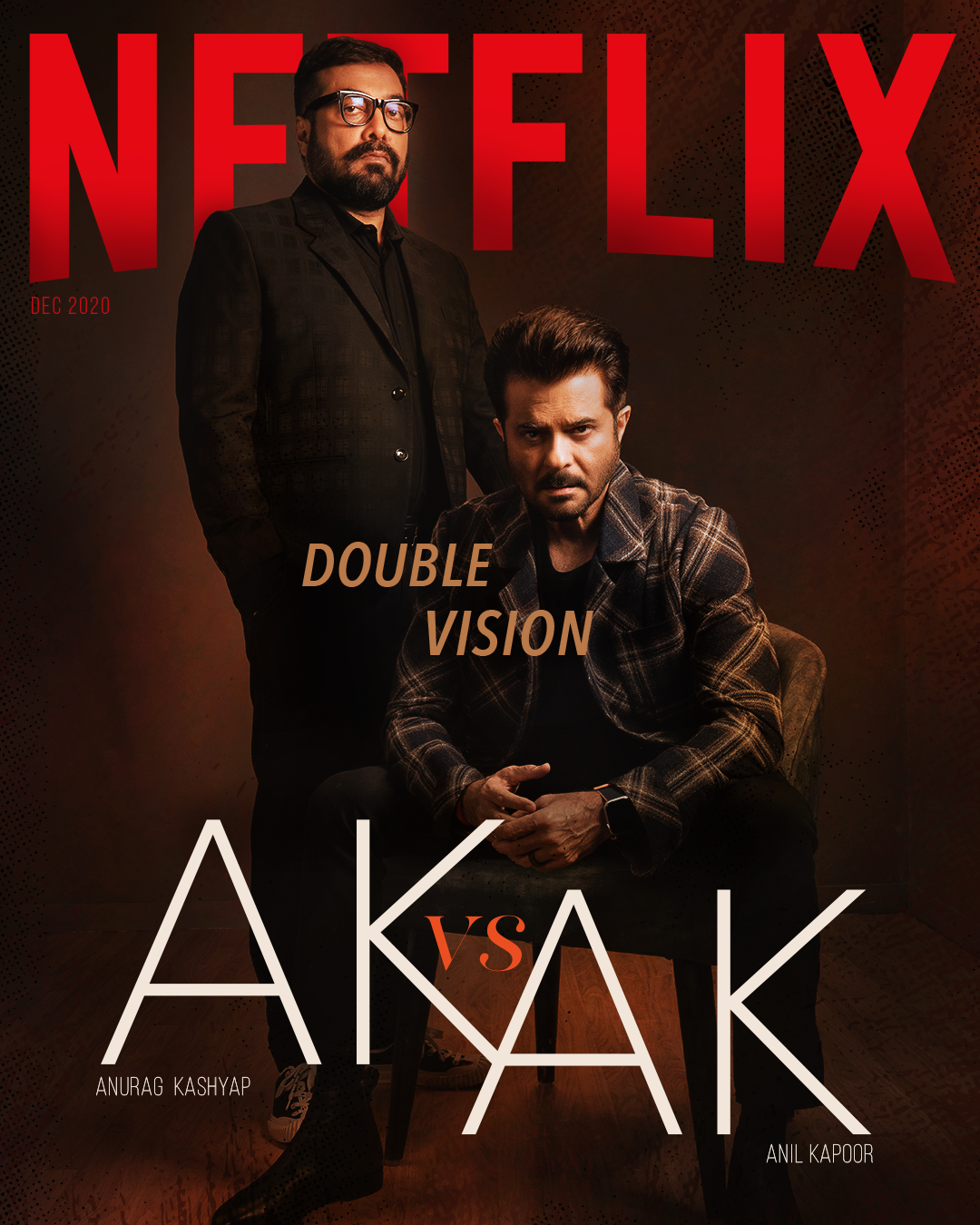 Two men in dark clothing on a dramatic, shadowy backdrop with 'Netflix' in bold red letters at the top, along with the text 'Double Vision' between them. The words 'AK vs AK' are prominently featured, with names Anurag Kashyap and Anil Kapoor below e