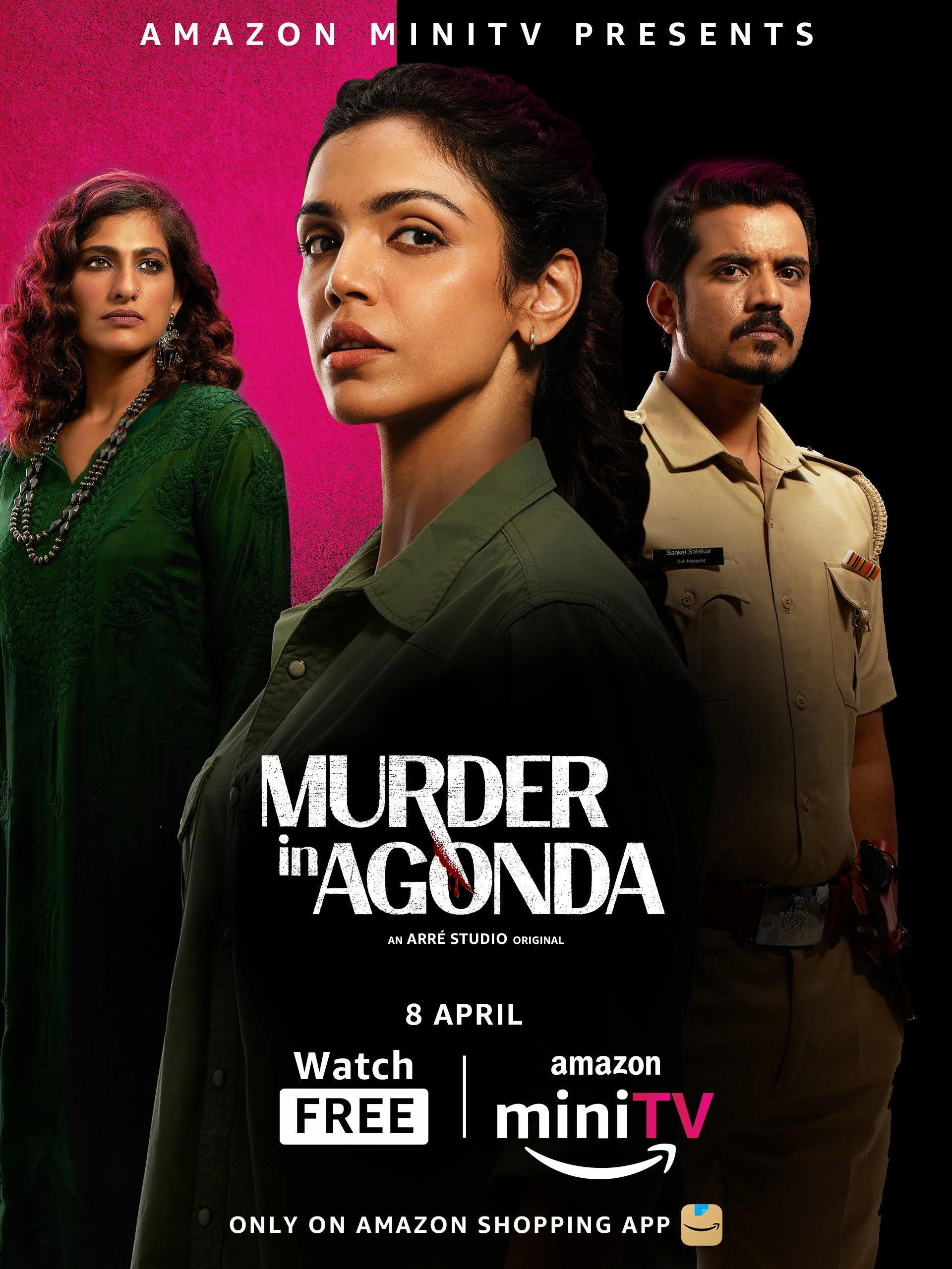 Promotional poster for "Murder in Agonda," an Arré Studio original series, featuring three main characters against a split pink and black background. Available April 8 on Amazon miniTV, watchable for free via the Amazon Shopping app.