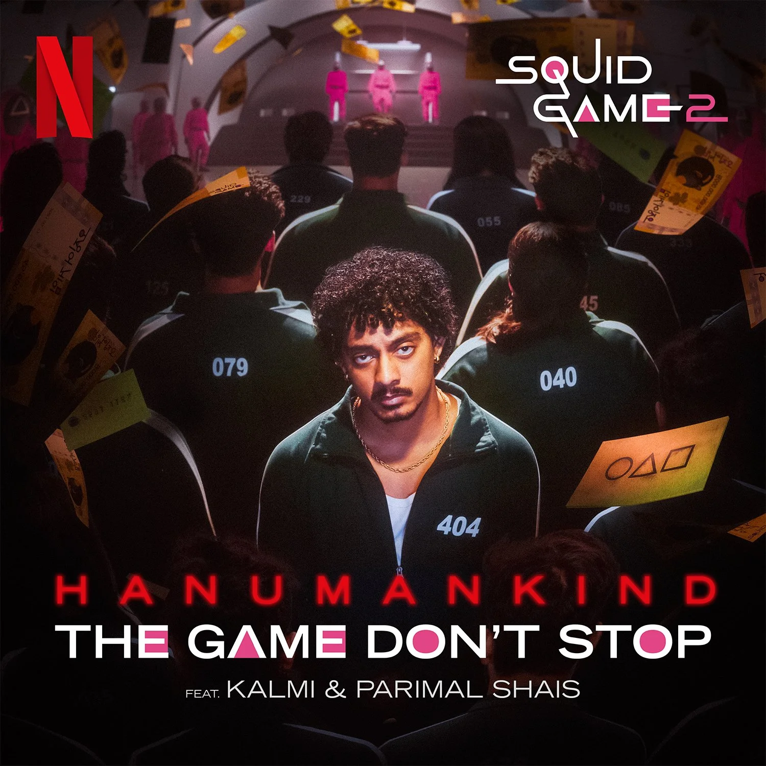 Promotional image for "Squid Game 2" featuring people in numbered green tracksuits, one person prominently facing forward with the number 404. Background includes masked figures and text with "The Game Don't Stop" and "Hanumankind" highlighted - HMK