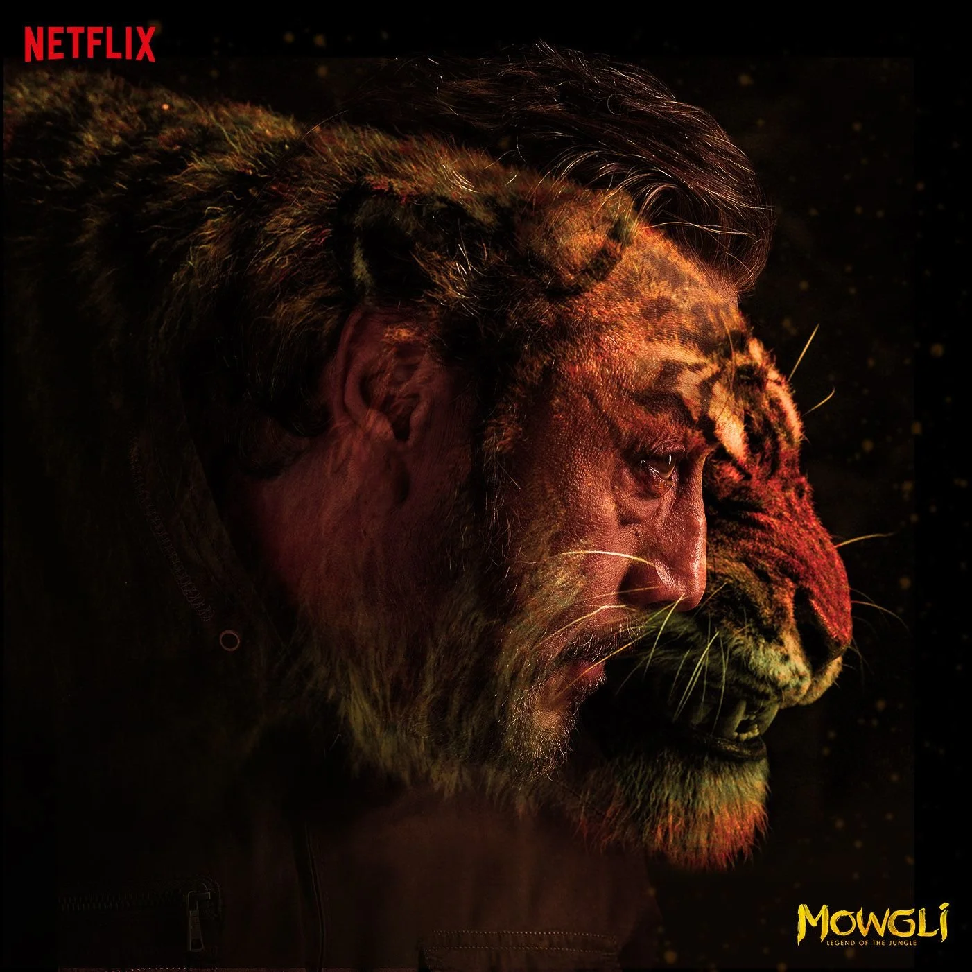 A side profile of  Jackie Shroff's face with a lion's face blending into it, both with detailed fur and features. The image has a dark background with the Netflix logo in the top left corner and the title 'Mowgli: Legend of the Jungle'