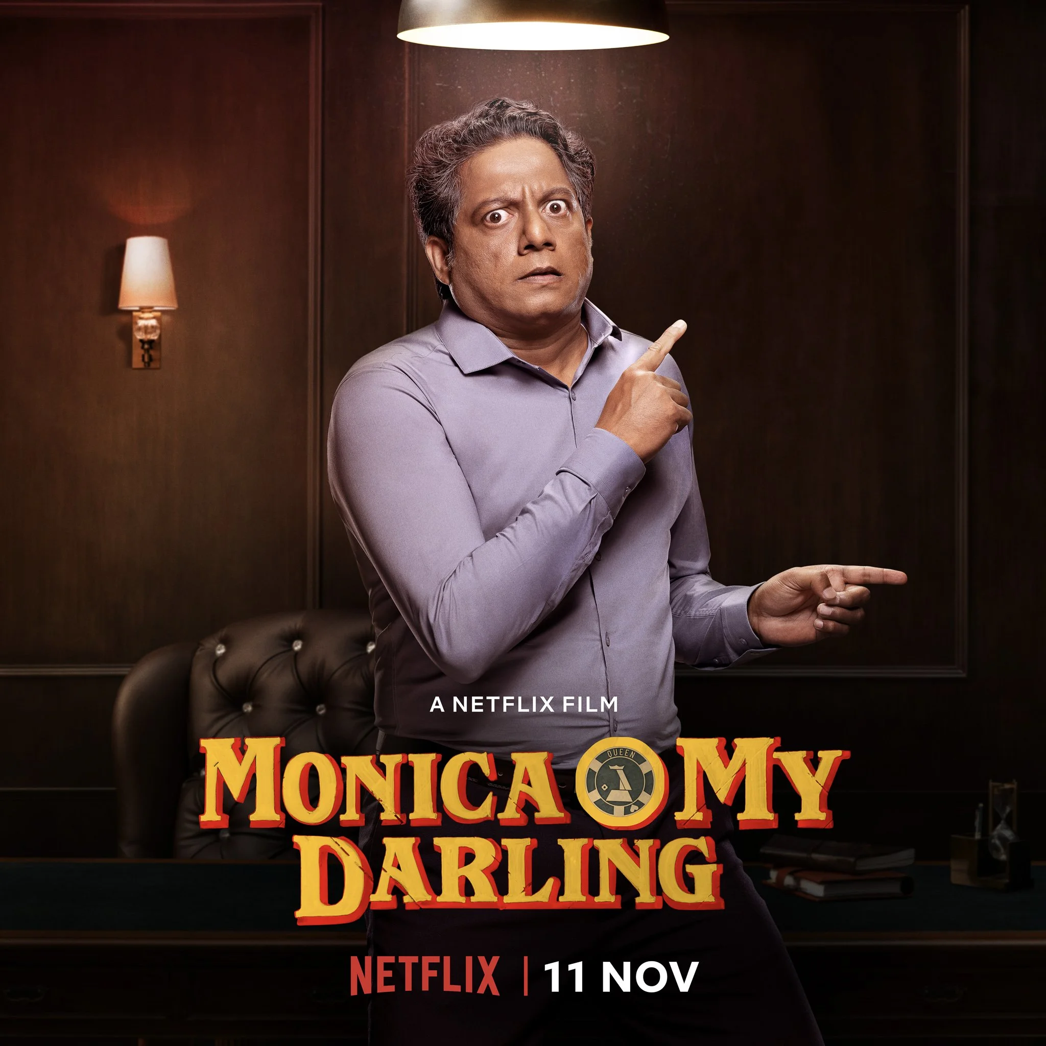 Promotional image for Netflix film 'Monica, O My Darling' showing a surprised man in a purple shirt pointing with both hands. Text includes Netflix logo and release date, November 11.