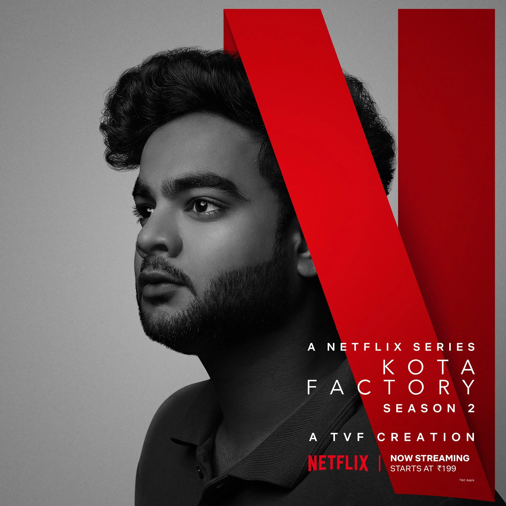 Black and white promotional poster for Netflix series 'Kota Factory' season 2 featuring actor Aalam Khan