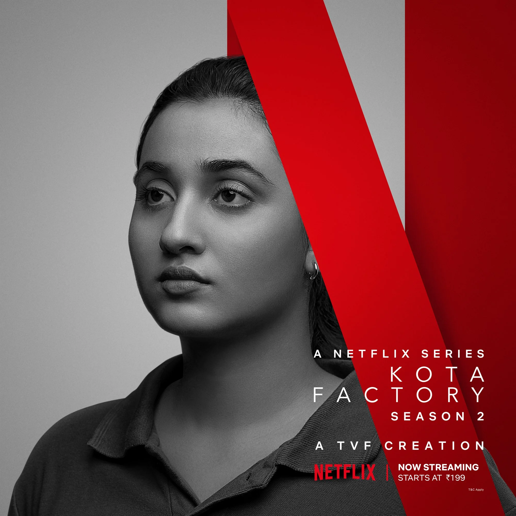 Black and white portrait of a person overlaid with Netflix branding for "Kota Factory Season 2," a TVF creation, with streaming information.