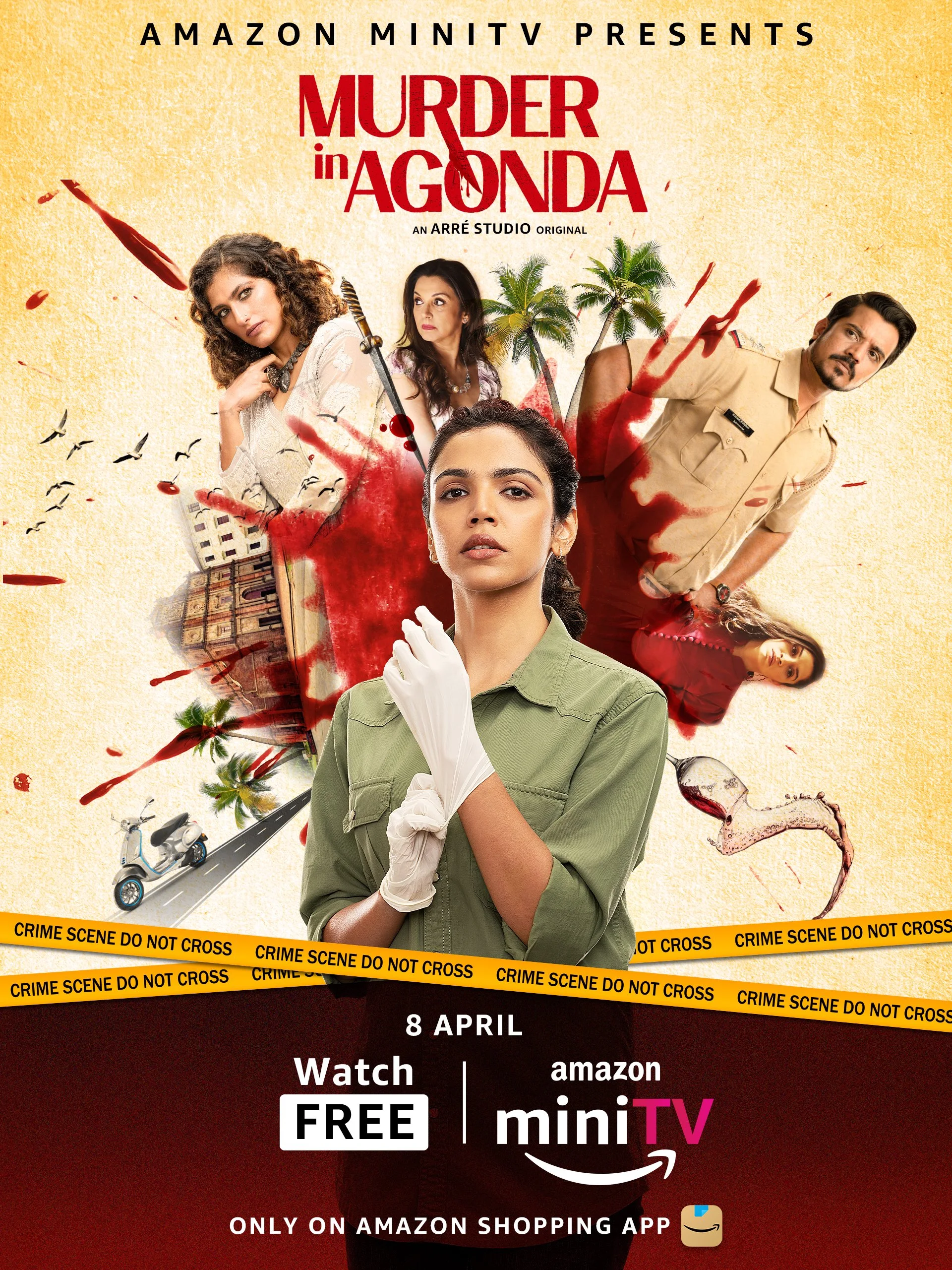 Poster of 'Murder in Agonda' featuring multiple characters, crime scene tape, and vibrant colors promoting a suspense series on Amazon miniTV.