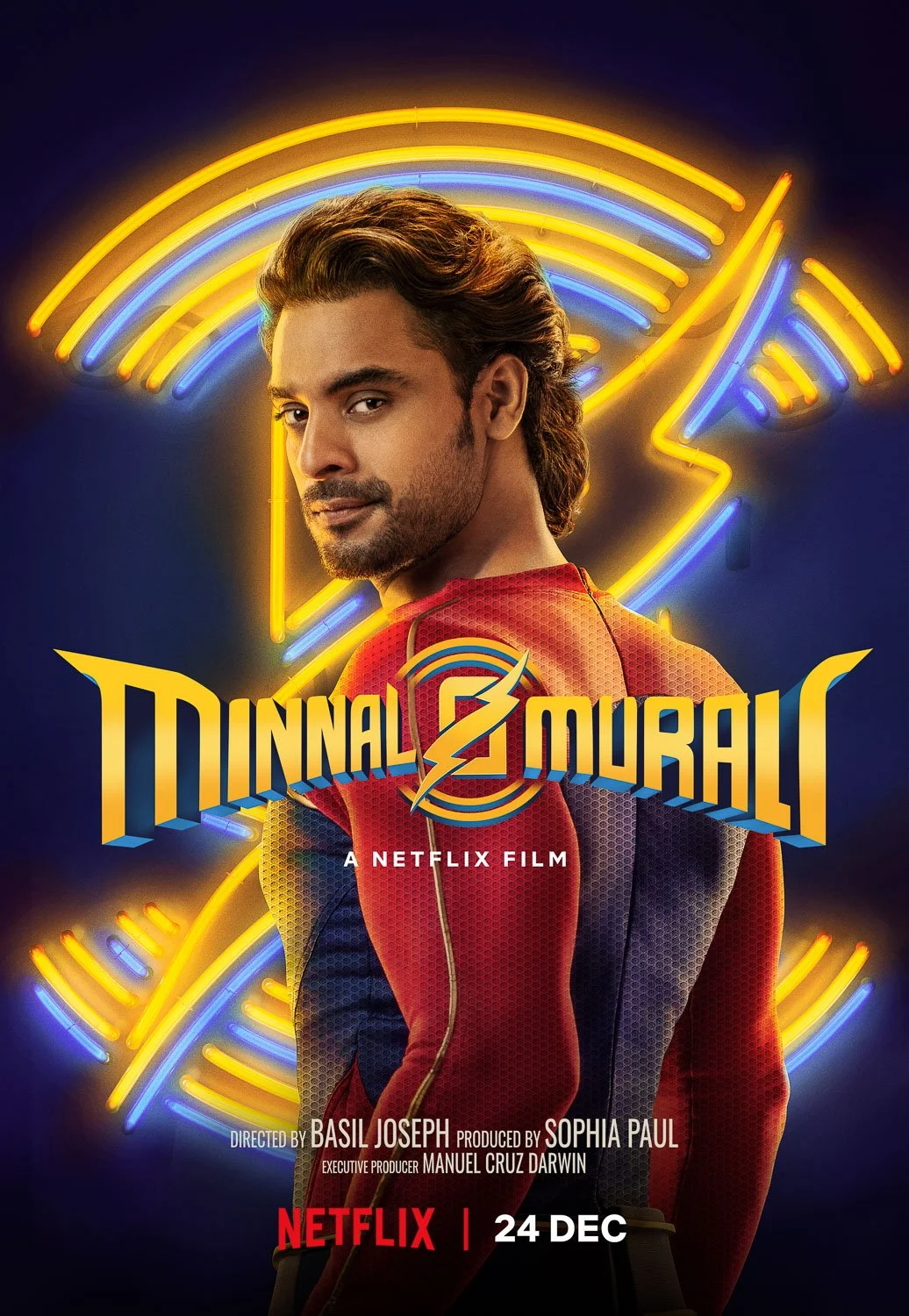 Poster of the Netflix film 'Minnal Murali' featuring a superhero in a red and blue suit against a neon background, with the release date December 24.