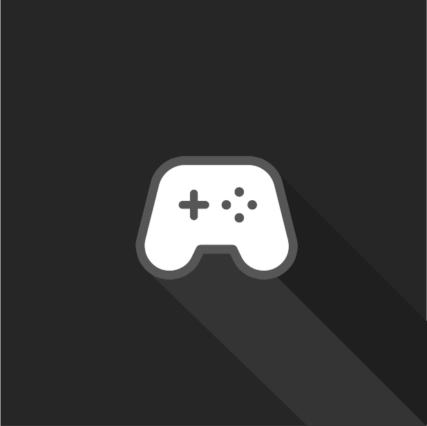Icon of a game controller on a dark background with a long shadow.