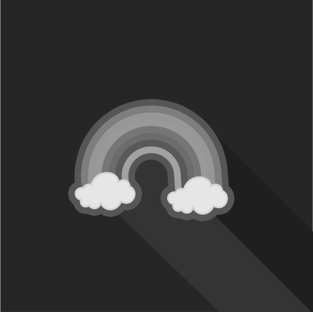 Gray scale rainbow with two clouds on a dark background.