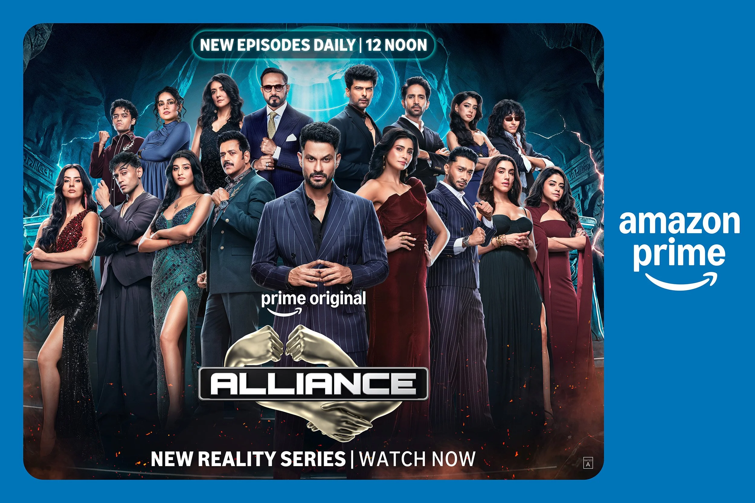 A promotional poster featuring a group of men and women dressed in formal and stylish clothing, standing against a dark, dramatic background with lightning and an icy texture. The text indicates new episodes of the reality series "Alliance" are avail