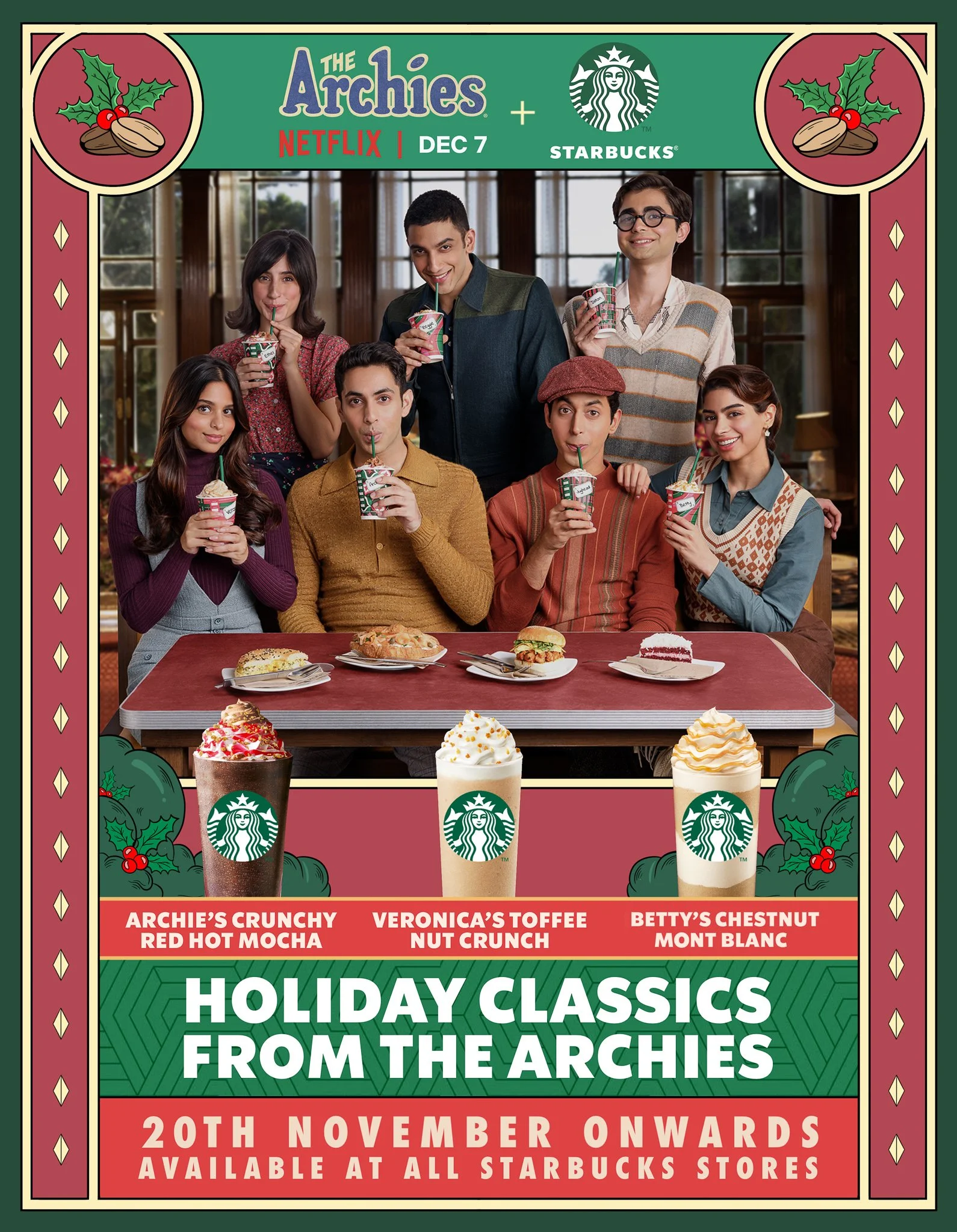 Promotional poster for The Archies collaboration with Starbucks, showing a group of young adults enjoying holiday-themed drinks. The top banner includes "The The Archies in a collab with Starbucks India, three festive Starbucks beverages. The image f