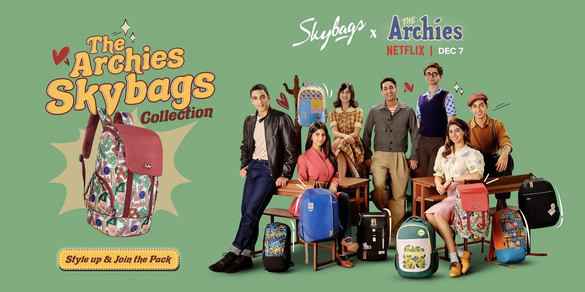Promotional image for "The Archies Skybags Collection" featuring a group of young people posing with various colorful backpacks, and logos for Skybags and Netflix with a release date of December 7.