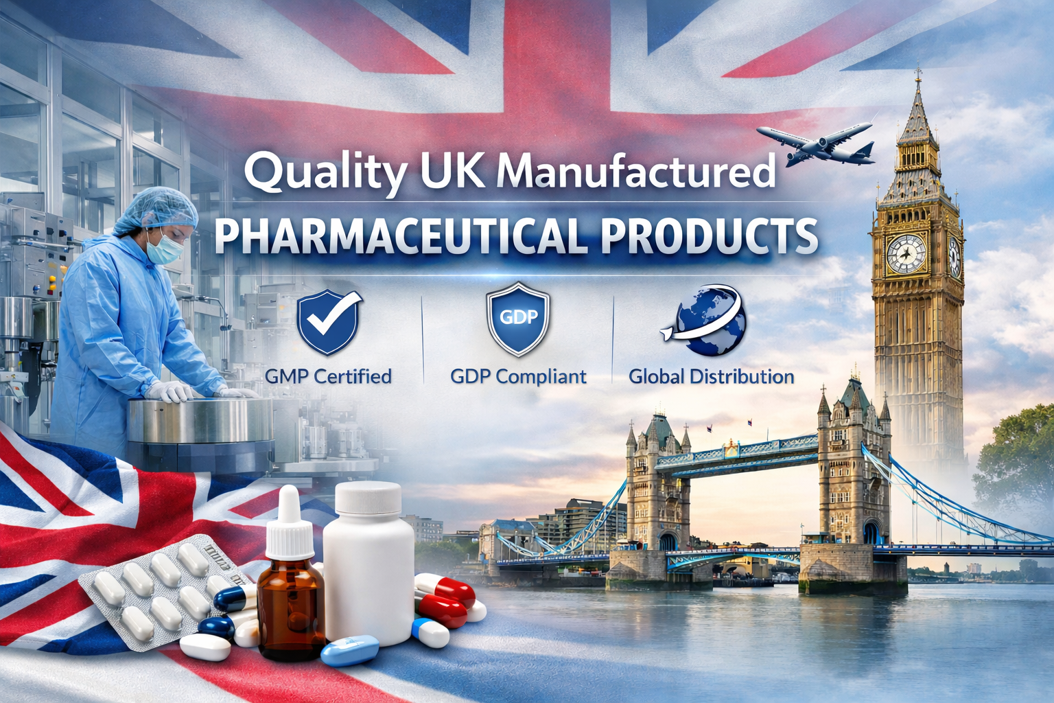 A promotional poster highlighting UK-made pharmaceutical products. Features a pharmacist in a laboratory, the Union Jack flag, various pills and medicine bottles, iconography indicating GMP certification, GDP compliance, and global distribution, with iconic London landmarks including Big Ben and Tower Bridge in the background along with an airplane flying overhead.