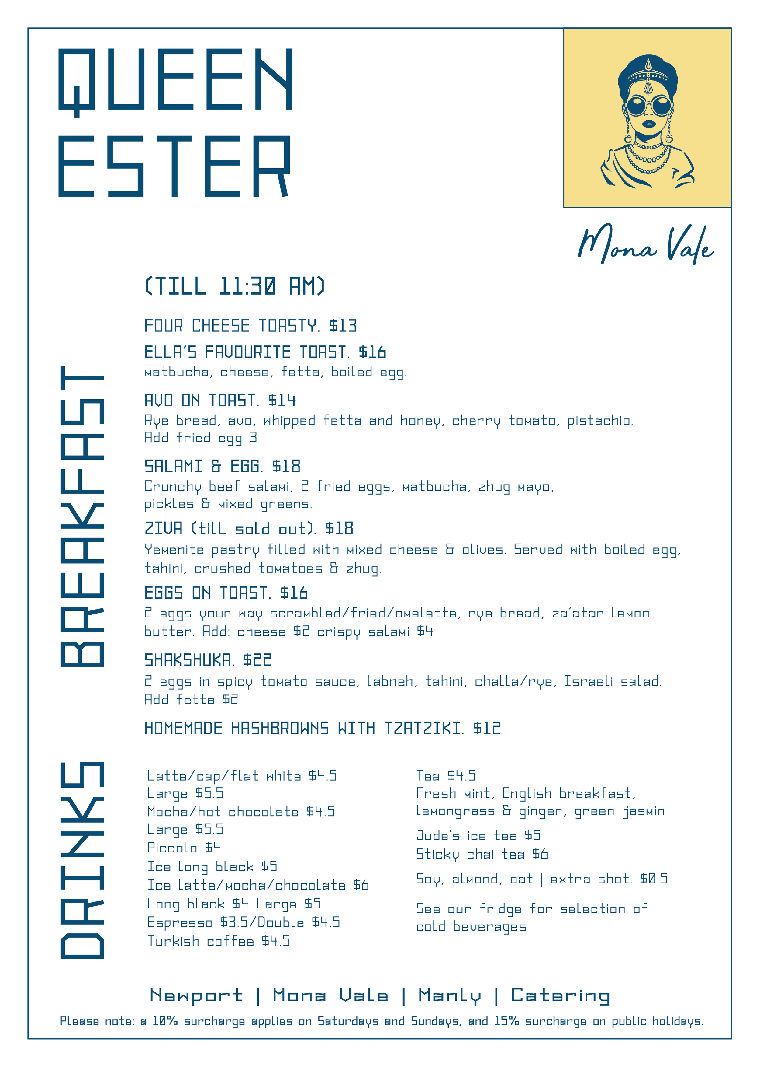 Queen ester mona vale menu morning and drinks