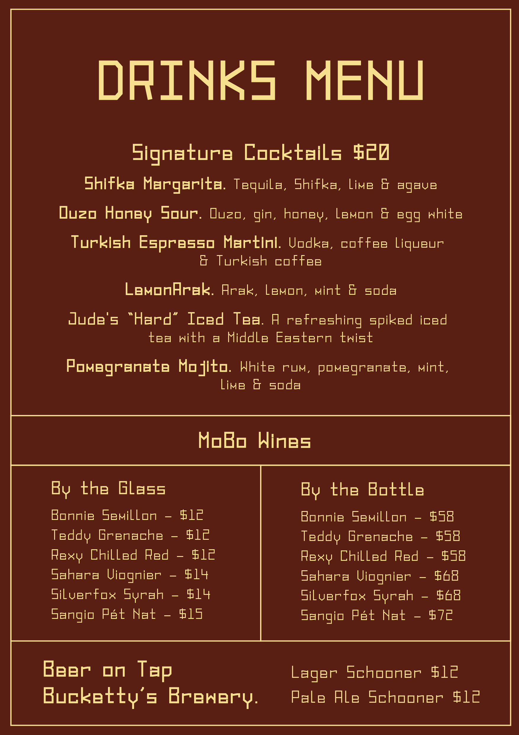 queen Ester Manly drinks menu