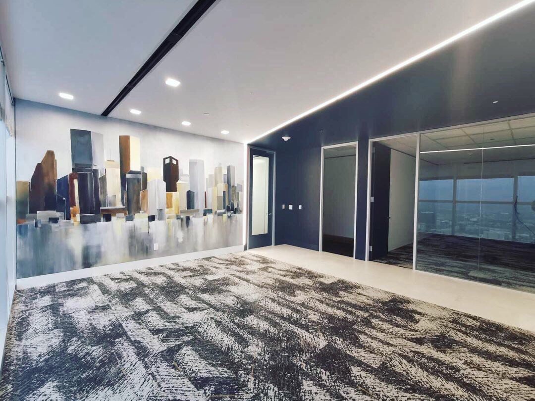 Houston Skyline from the Galleria 
18in*26in  
Acrylic on the Wall 2020

