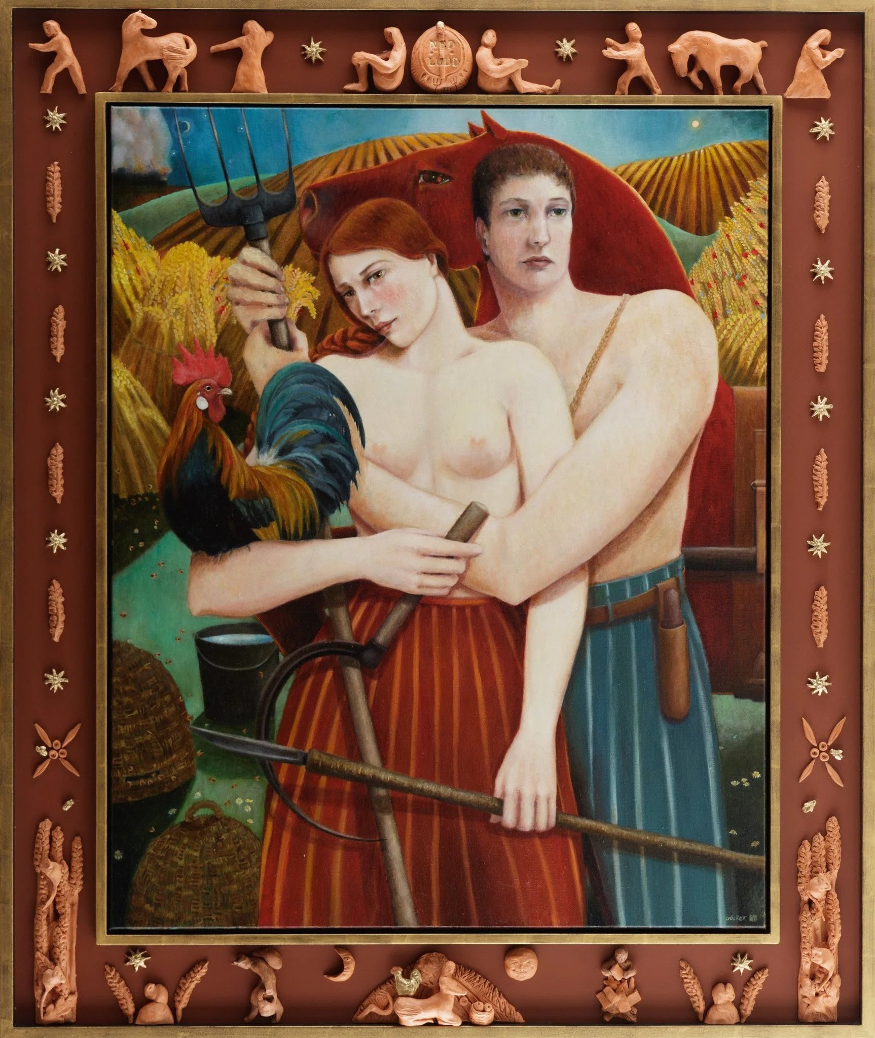 Ned Ludd's Cockerel: While we were sleeping they tried to take it all.  Handbuilt frame of bisque curios.
