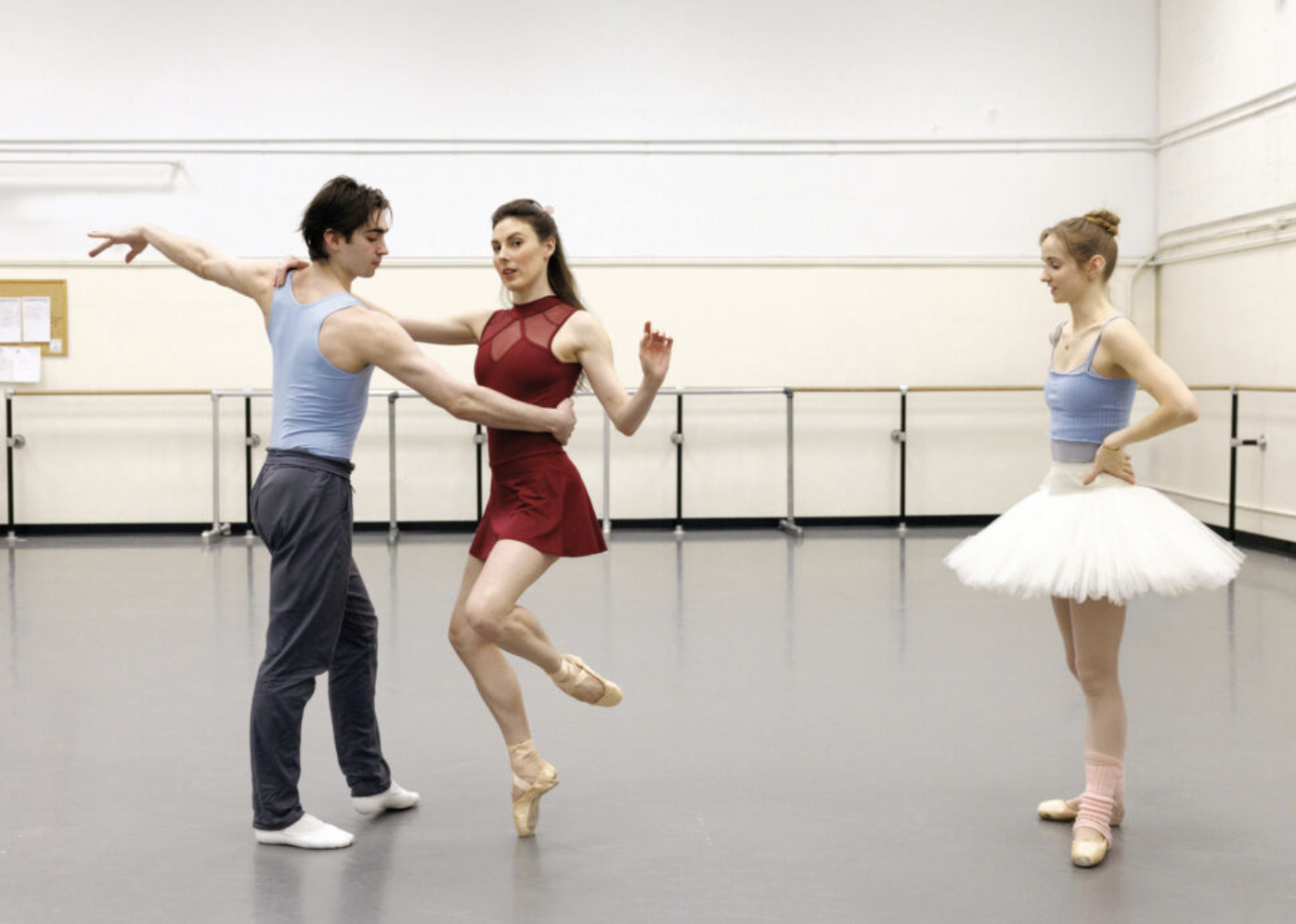 Tiler Peck, David Gabriel, and Emma Von Enck of New York City Ballet rehearing Symphonie Espagnole
