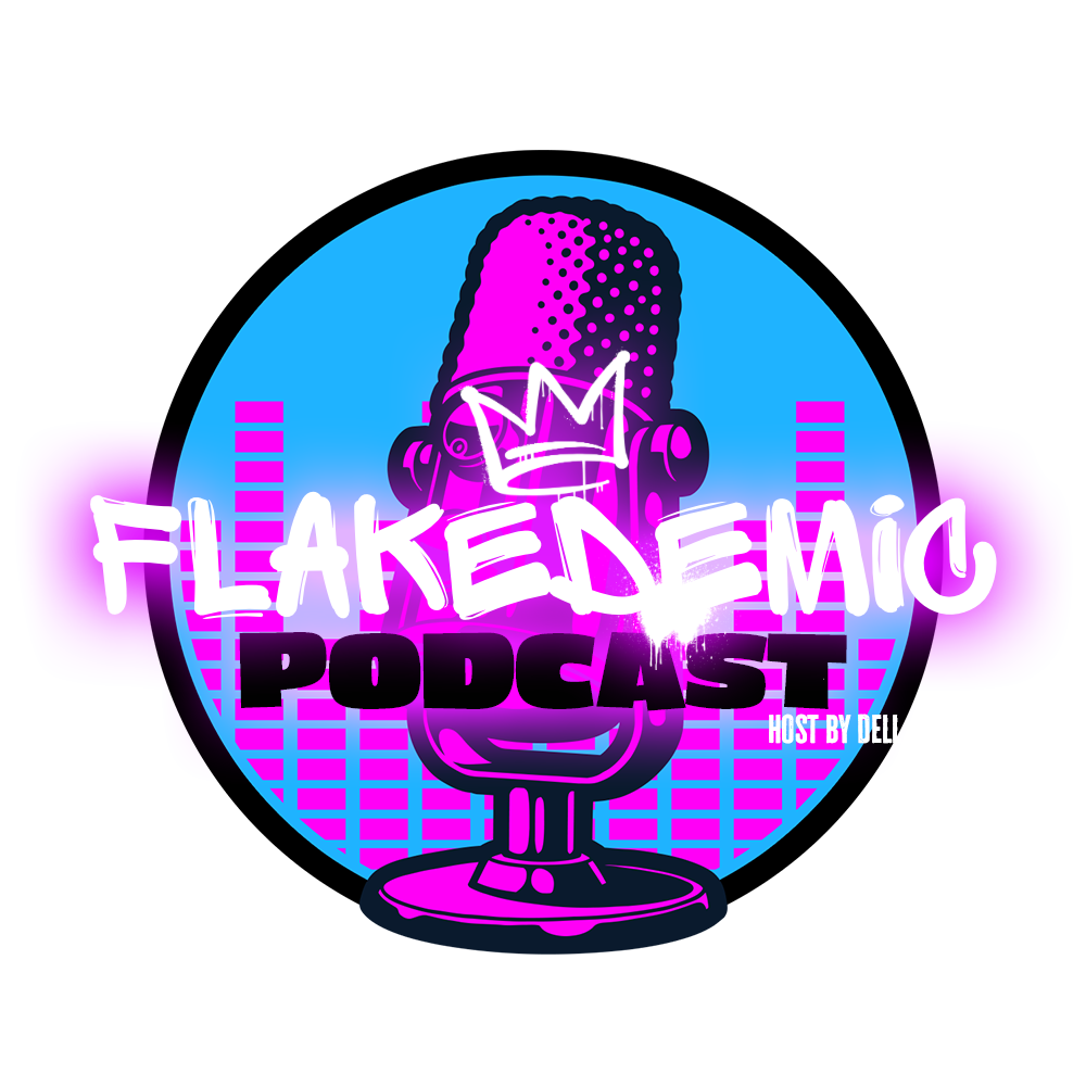 Colorful logo for Flakedemic Podcast featuring a stylized microphone, pink and blue color scheme, text overlay, and crown graphic.