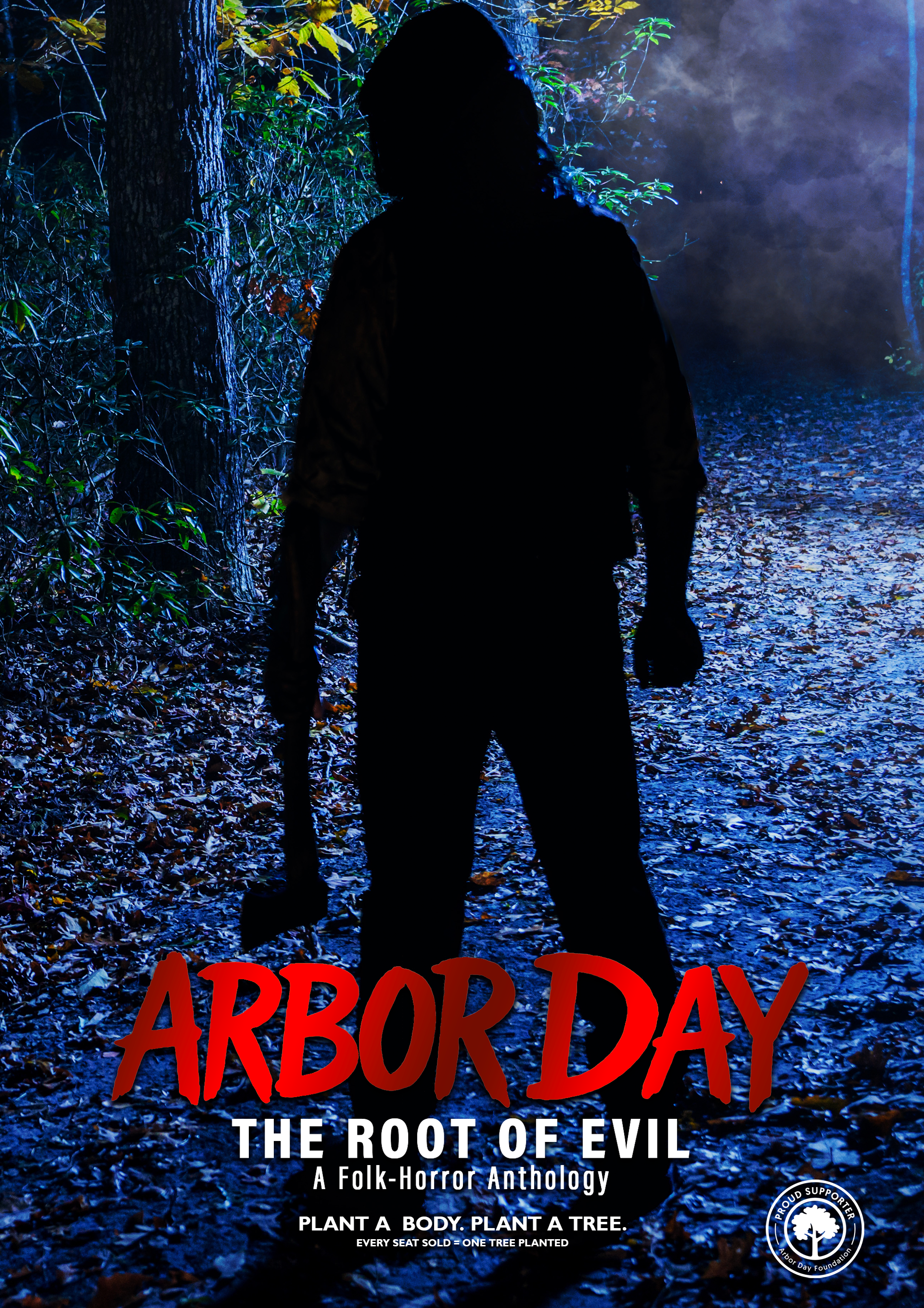 A person dressed as Santa Claus, holding a large axe, standing against a snowy cityscape with Tokyo Tower and Toronto CN Tower illuminated at night.