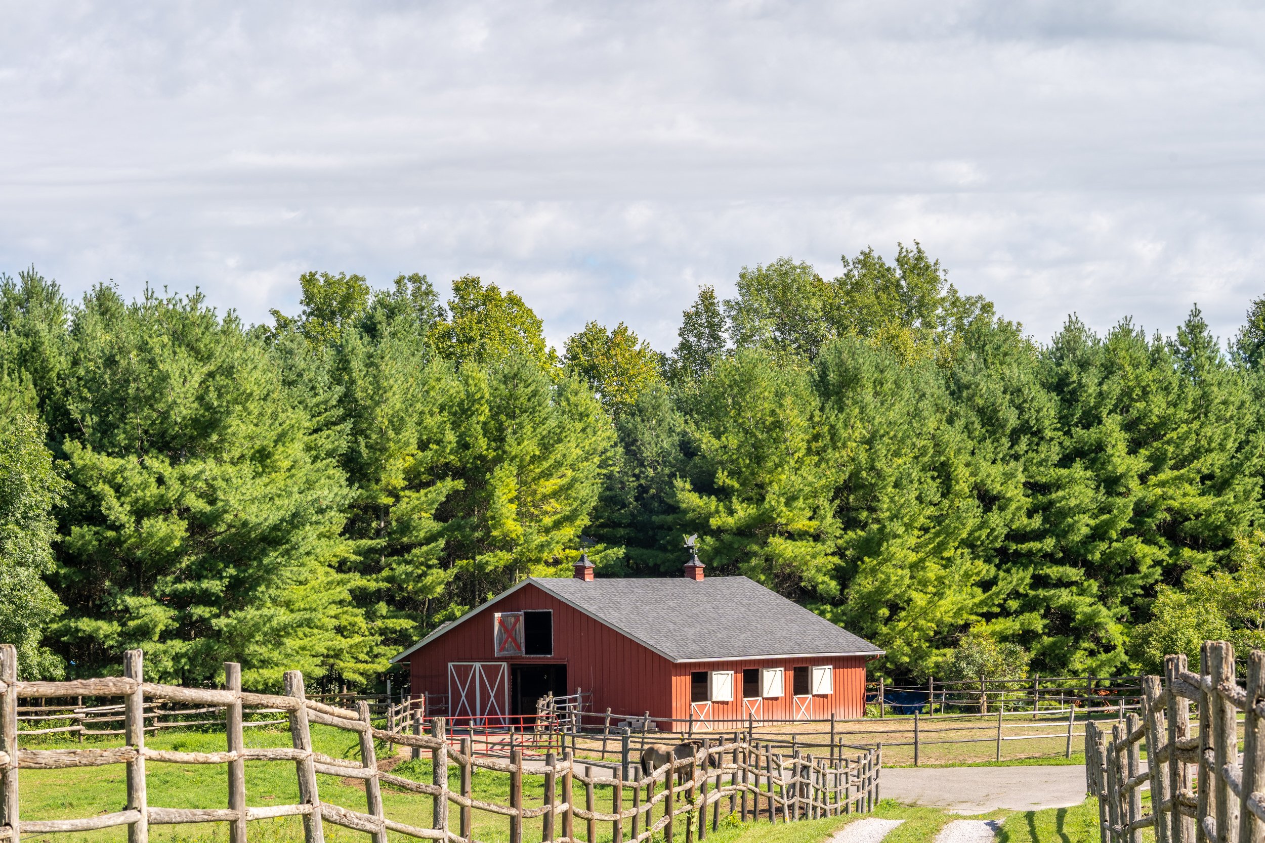 Rustic red barn on the farm property surrounded by trees