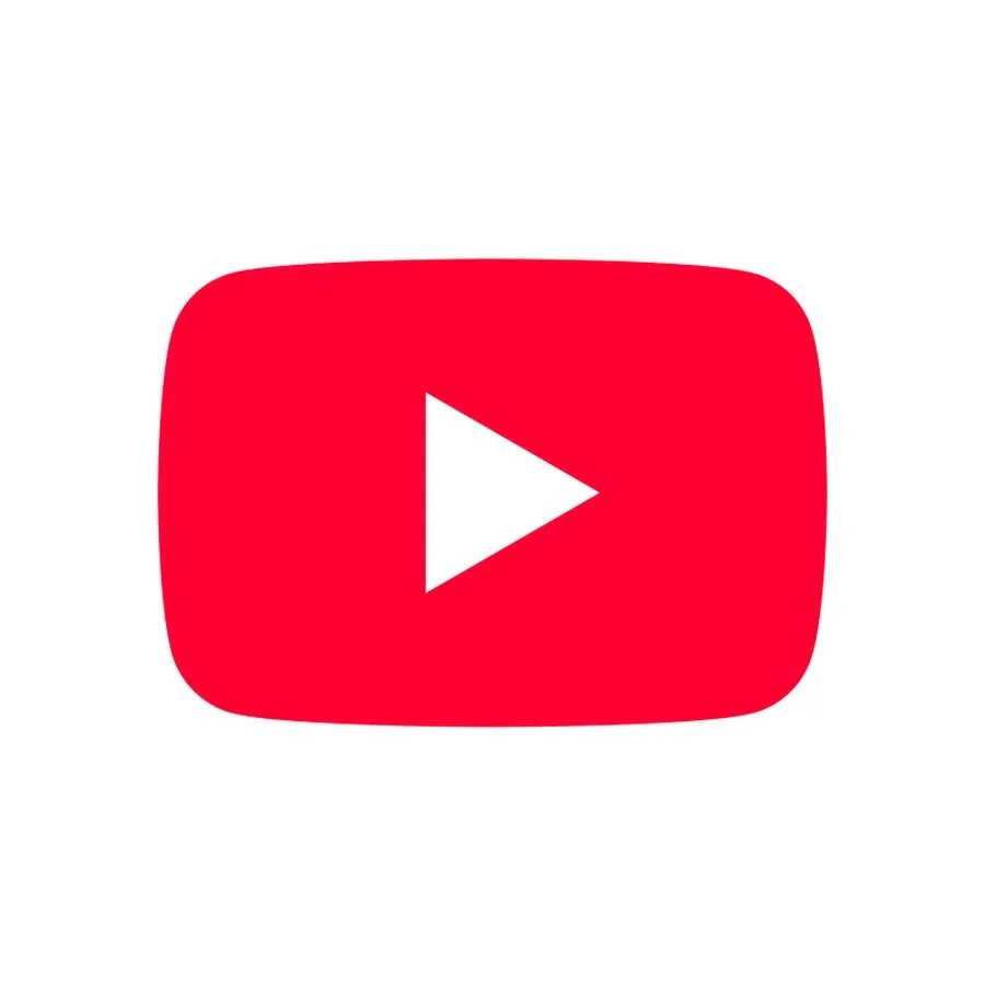 YouTube logo with red rounded rectangle and white play button in the center.