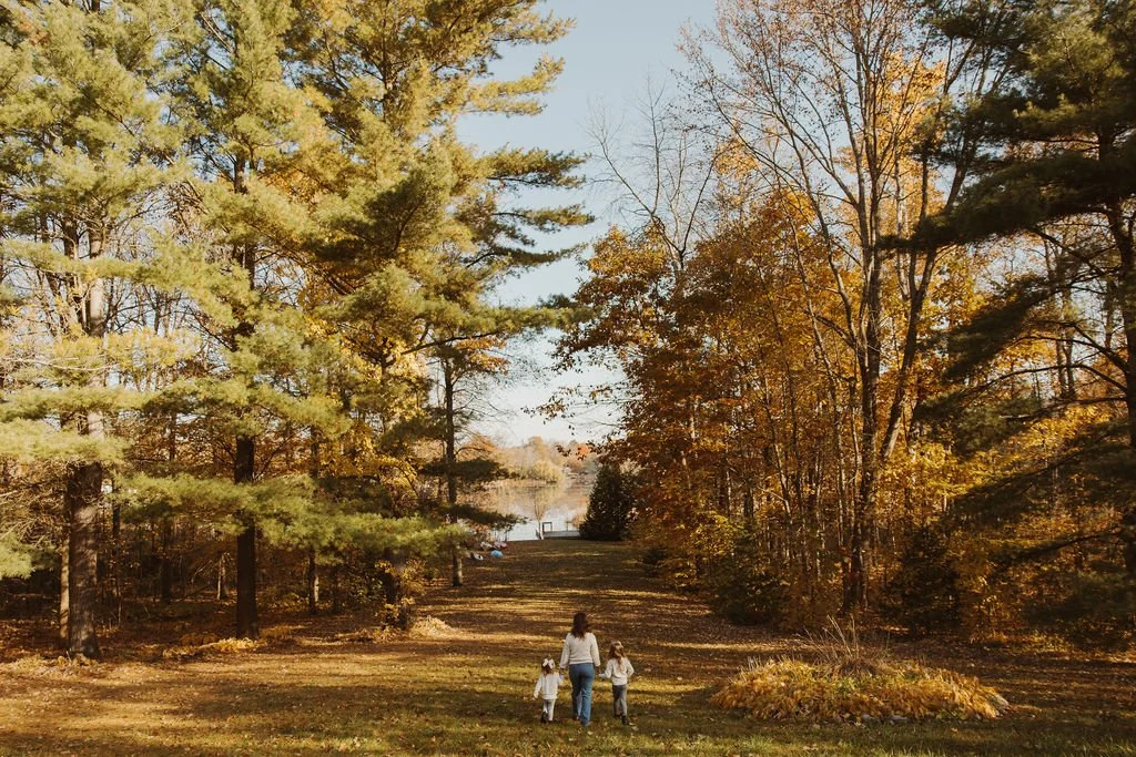 Three people, two children and an adult, walking on a grassy path through a fall forest with trees in shades of green, yellow, and orange, and a body of water visible in the background.