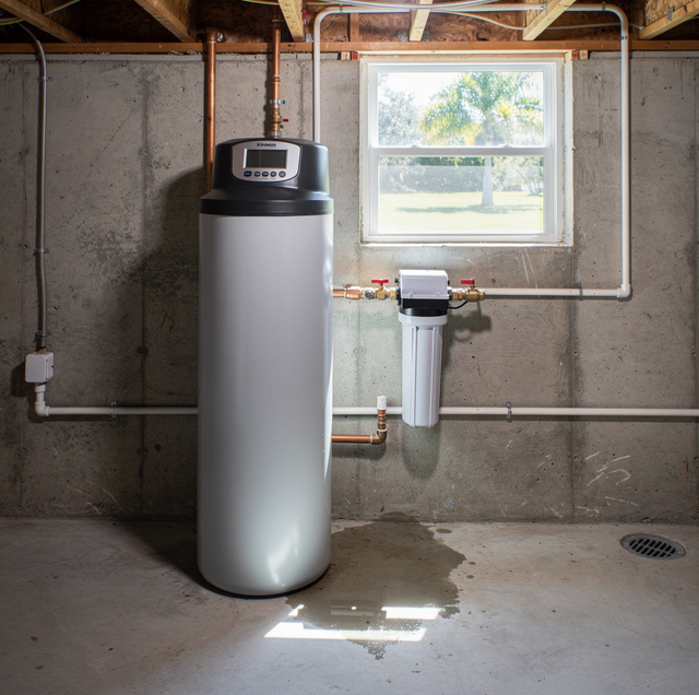 two-tank water treatment system beside home utility pipes