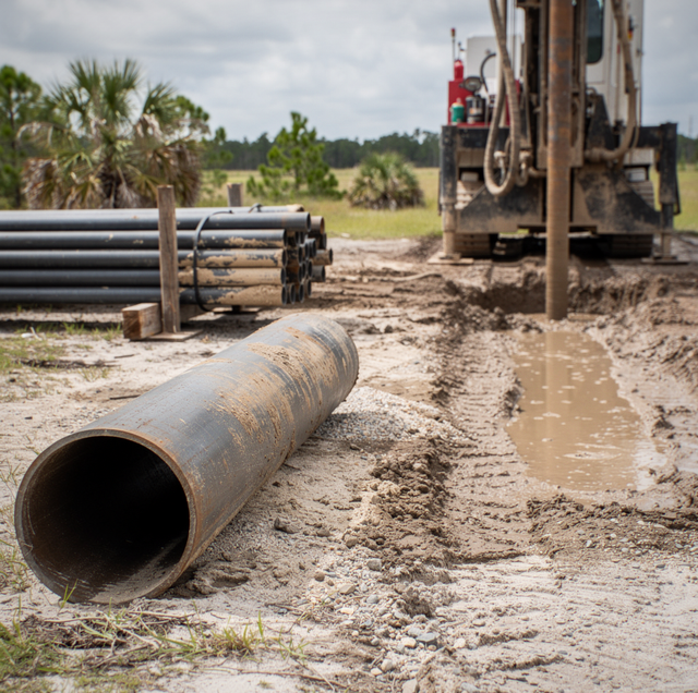 drilling rig mast raised over new well site
