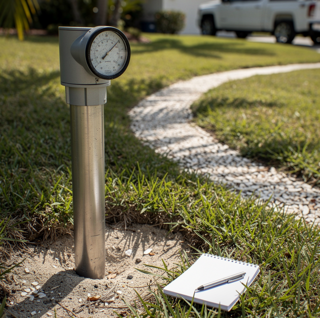 technician kneeling at residential wellhead pressure gauge