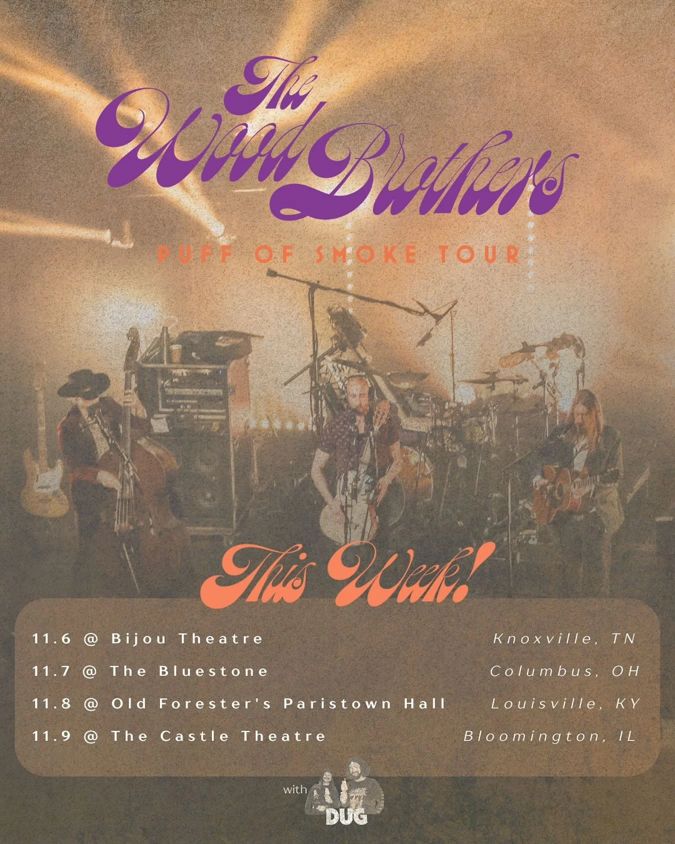 The &lsquo;Puff of Smoke&rsquo; Tour has arrived! See you this week at: @bijoutheatre, @the_bluestone, @paristownky &amp; @castletheatre with our friends @dugworld 🍂🍂🍂