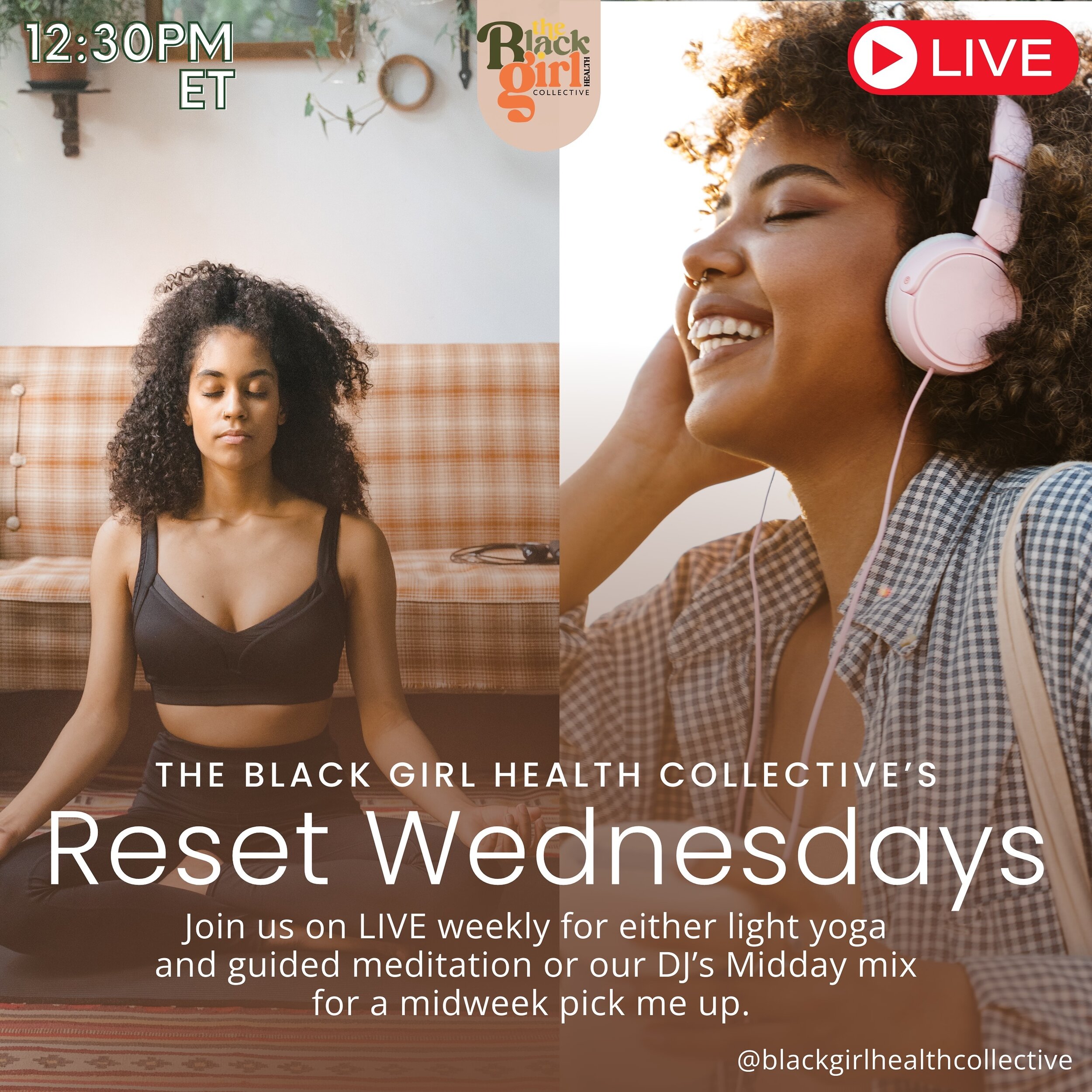 NEW OFFERING ALERT! 

Center your mind and body with our weekly RESET WEDNESDAYS!!!🕕🙌🏽💁🏽&zwj;♀️🙋🏽&zwj;♀️💃🏽

Whether you prefer gentle yoga and meditation with @tsoulstar🧘🏾&zwj;♀️or a chill but energizing DJ mix with @trillakay_, 💿, we&rsq