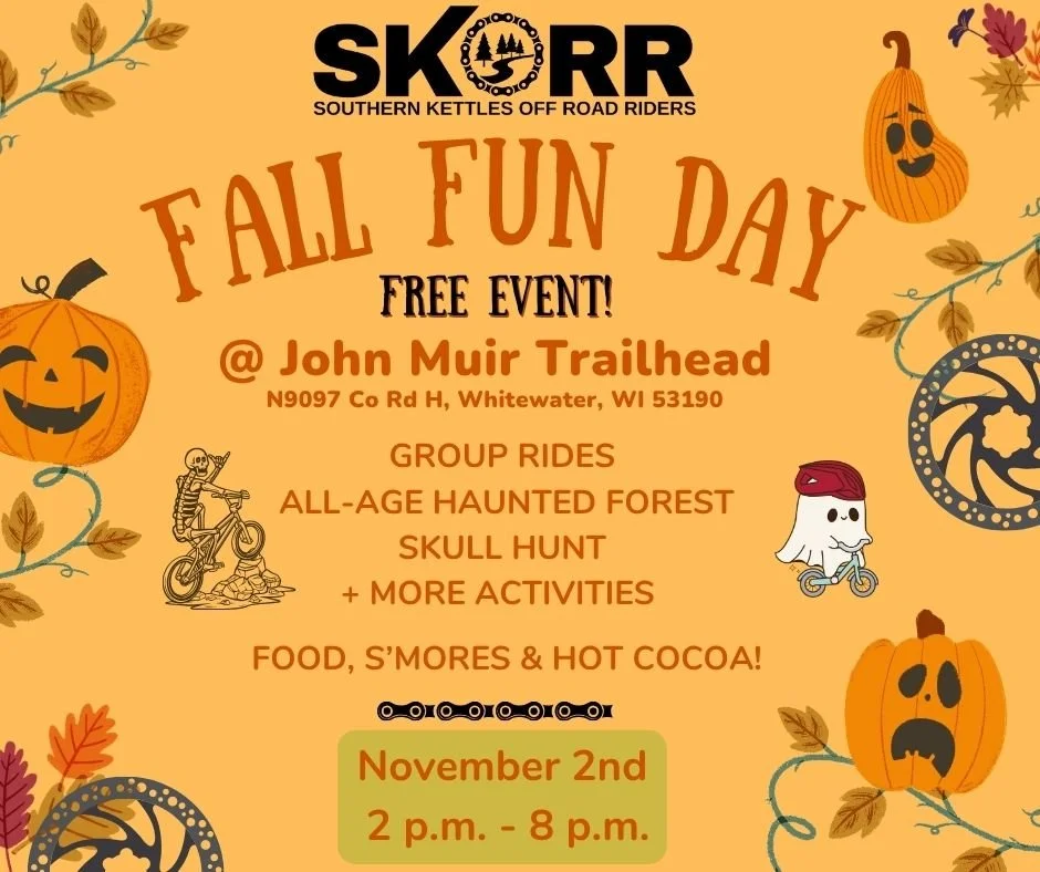 🎃SKORR Fall Fun Day is this Sunday! 🎃

Want to help make the event a funtastic day for all? We need help with setup, running events (instructions provided), and leading rides.  Sign up at https://kmyszkewicz.wufoo.com/forms/skorr-fall-fun-day-sunda