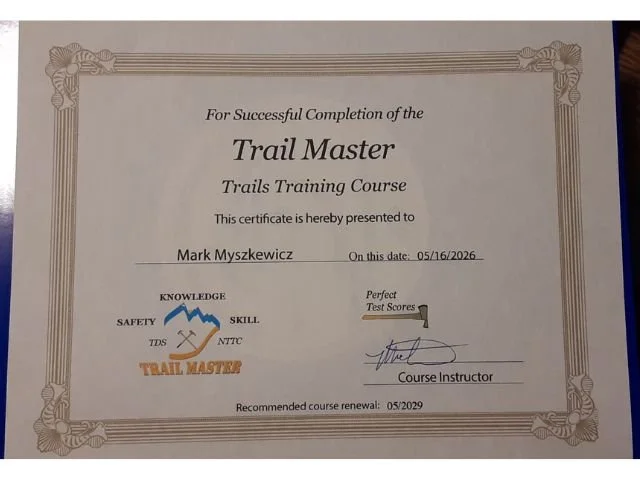 👏 Congratulations John Muir Trailboss Mark Myszkewicz for completing the Trail Master Trails Training Course with flying colors! 💯

The course included 4 days of classroom time, written tests, and in-the-field trail building on several sections of 