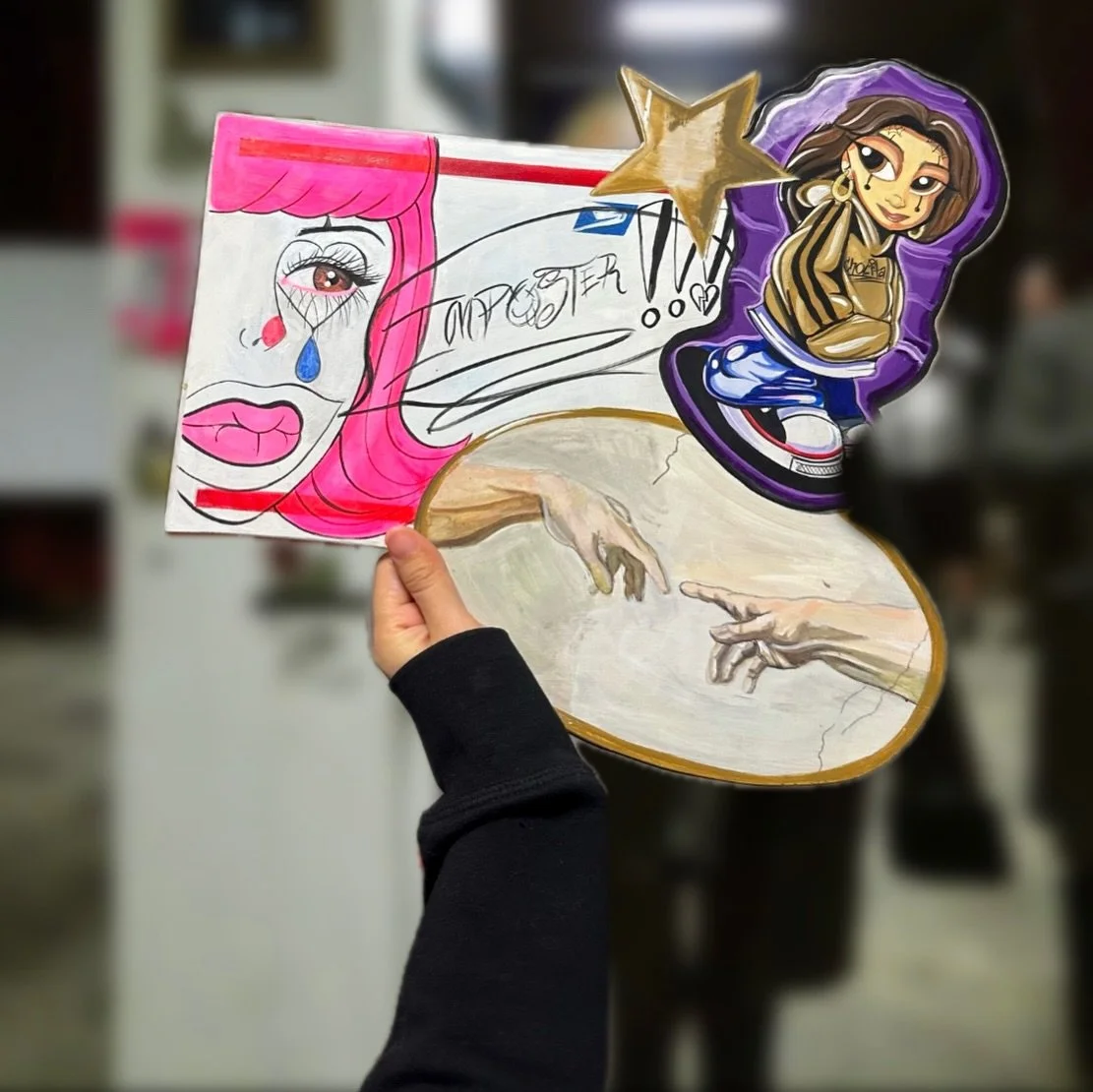 Fully Frankensteind this post together to express how much fun I had at imposters 3!!! 
All work is still available for auction at 
https://givebutter.com/c/WeFBNO/auction

I had a blast making work impersonating @cholita575 🫶🏻 I&rsquo;m sooo glad 