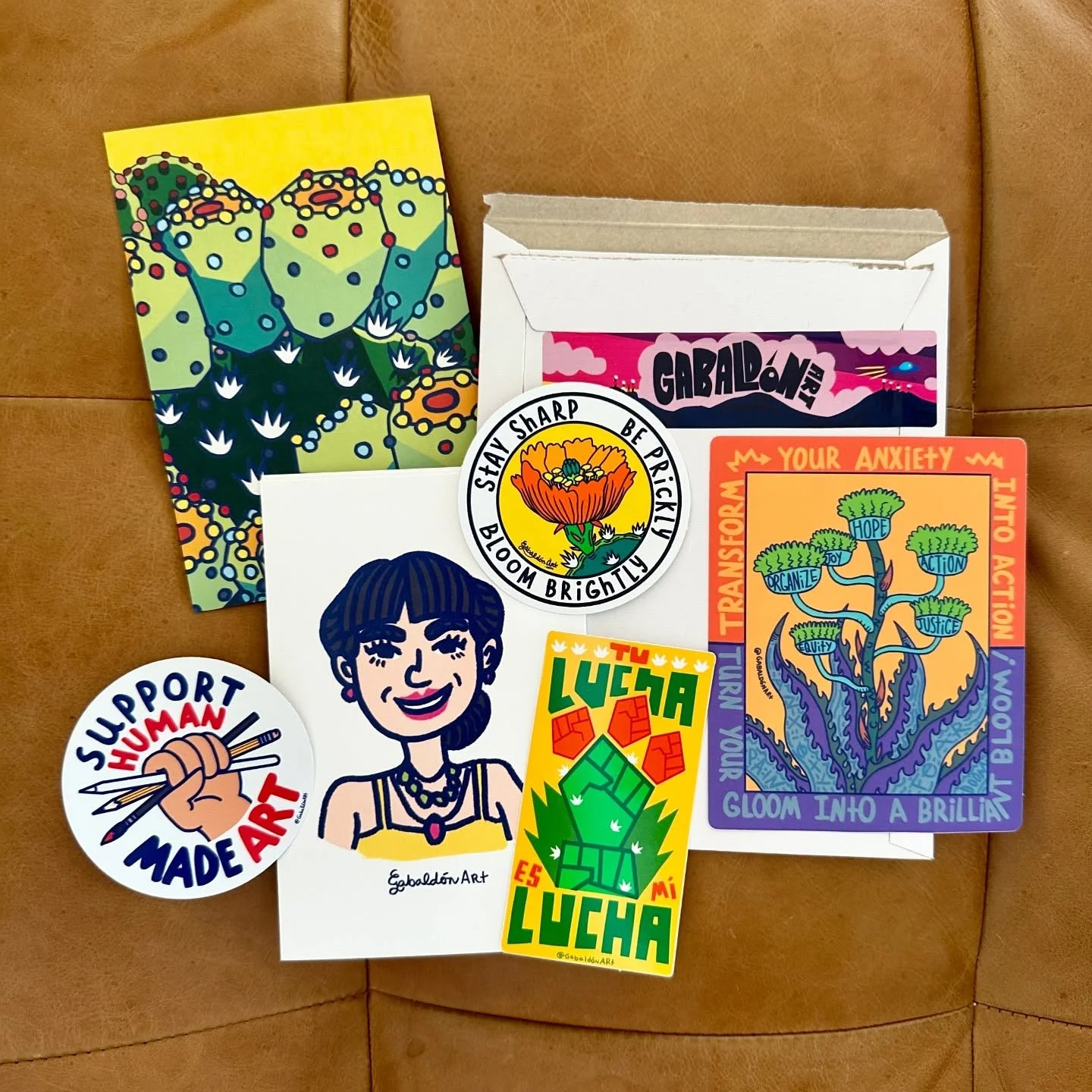 Sweet treat from @gabaldonart in the mail today! 
Life is feeling a bit isolating at this moment so kind reminders of the art community in El Paso is always welcomed!!! The sticker on the right is the daily affirmation on my mind atm ⭐️ Thank you aga