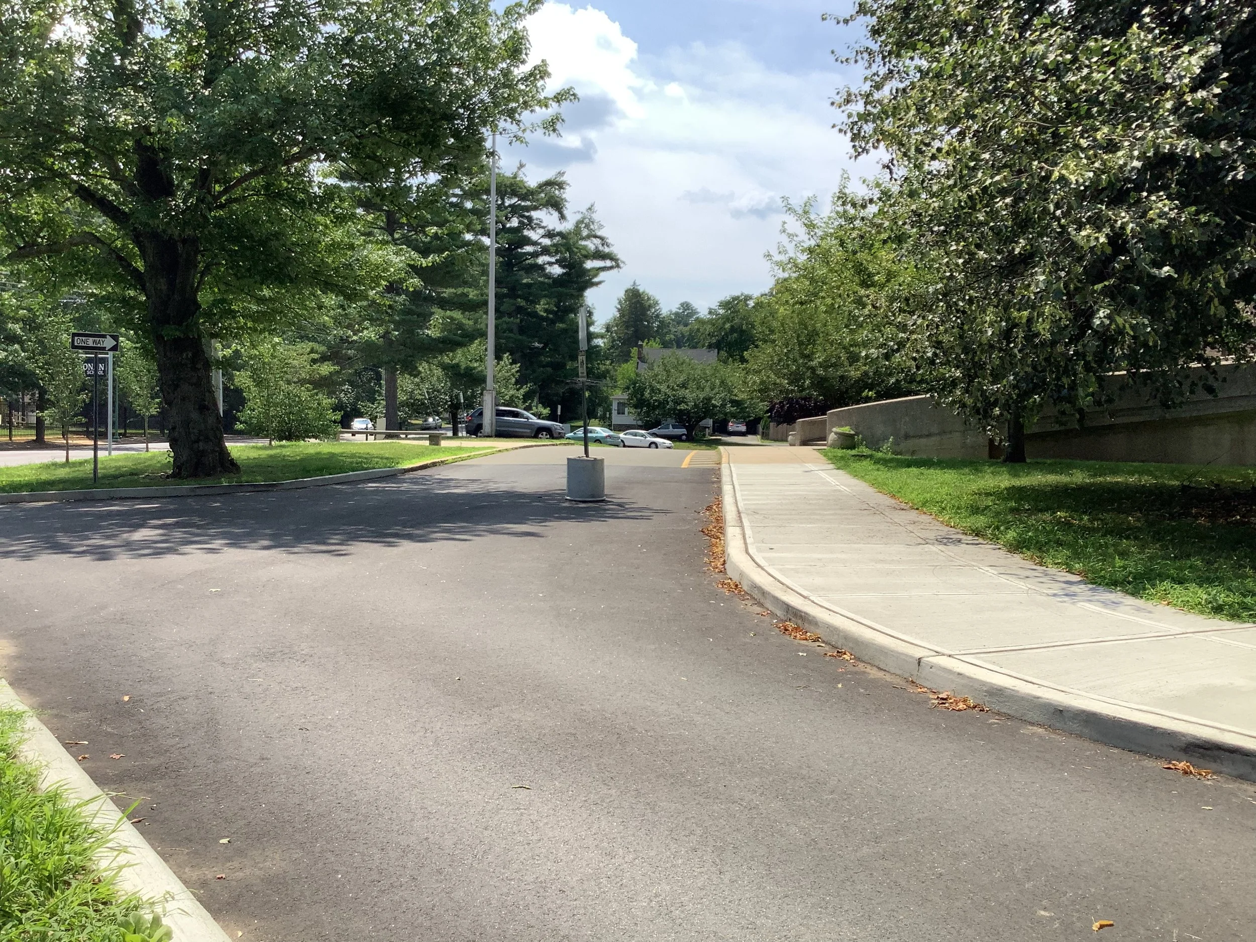 Recently paved front driveway of Cloonan Middle School with trees and cars in the background