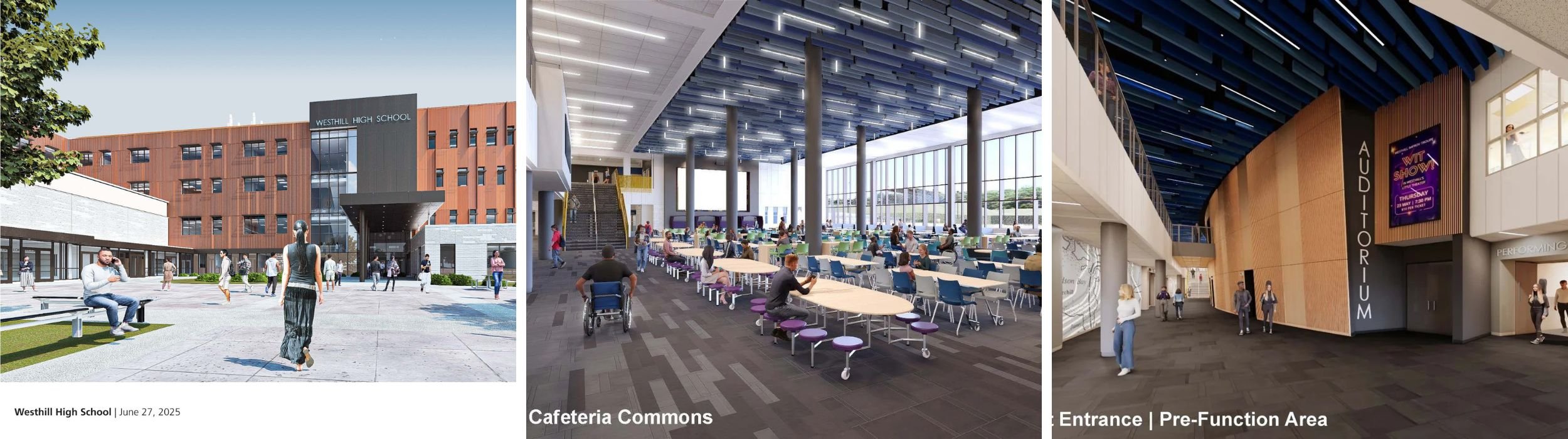 Three photos of the new Westhill, front of building, lunchroom and auditorium