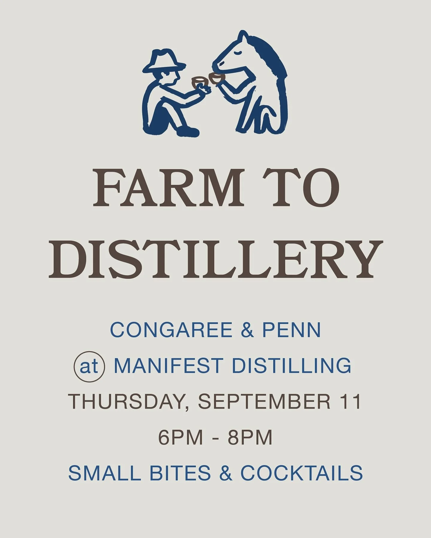We&rsquo;re going downtown! Meet us at Manifest Distilling on Thursday, September 11th for small bites and cocktails, featuring a five course tasting by Congaree and Penn&rsquo;s culinary team with cocktail pairings by the good guys at Manifest. 

Ti