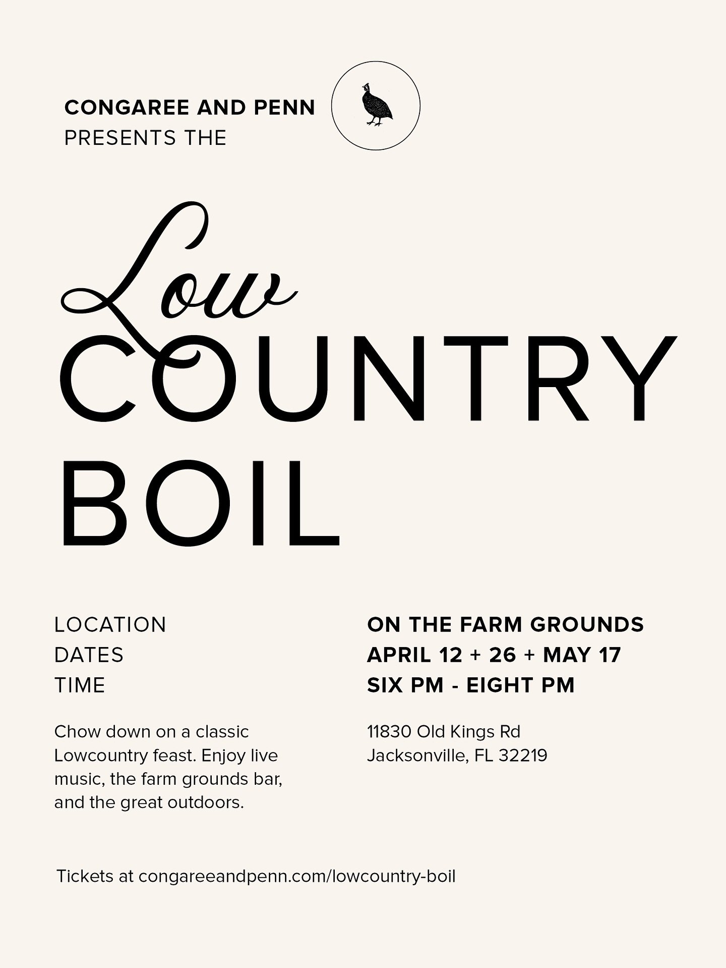 Learn more and purchase tickets at congareeandpenn.com/lowcountry-boil. See you on the farm grounds!