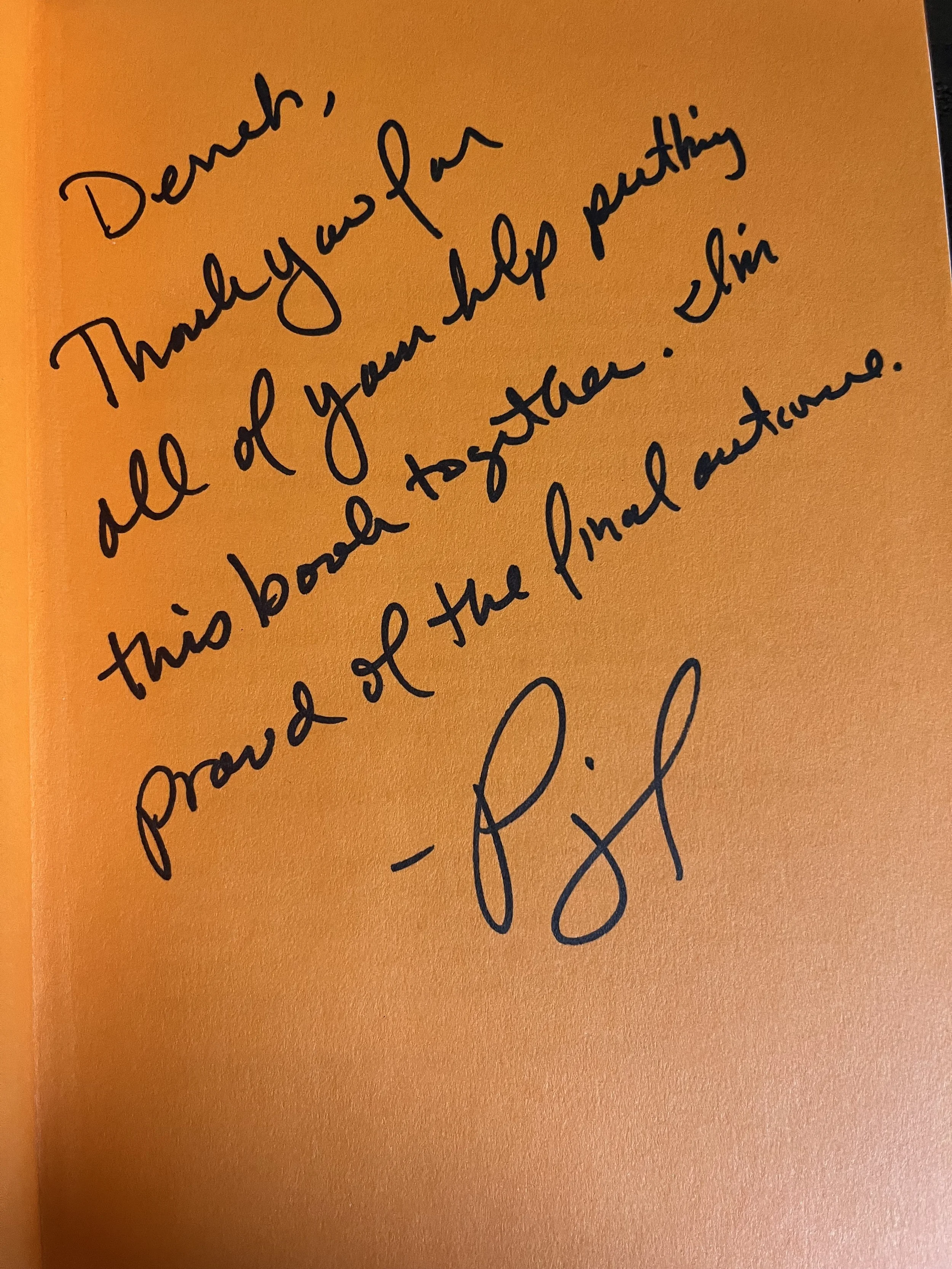 A handwritten thank you note on an orange background expressing appreciation and pride, signed by someone named R. J. P.