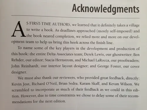 A page from a book titled "Acknowledgments," with a large capital letter A at the beginning of the text, thanking various team members and reviewers involved in the book's development.