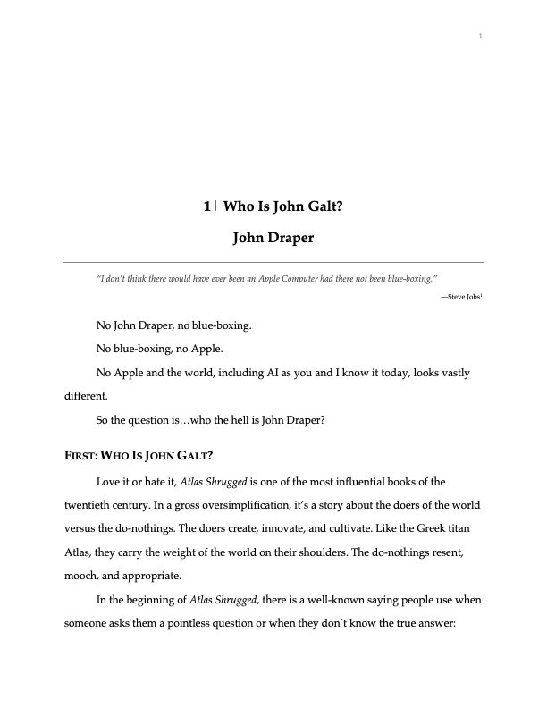 Page from a book titled 'Who Is John Galt?' by John Draper, discussing the influence of the book 'Atlas Shrugged' and the character John Galt.