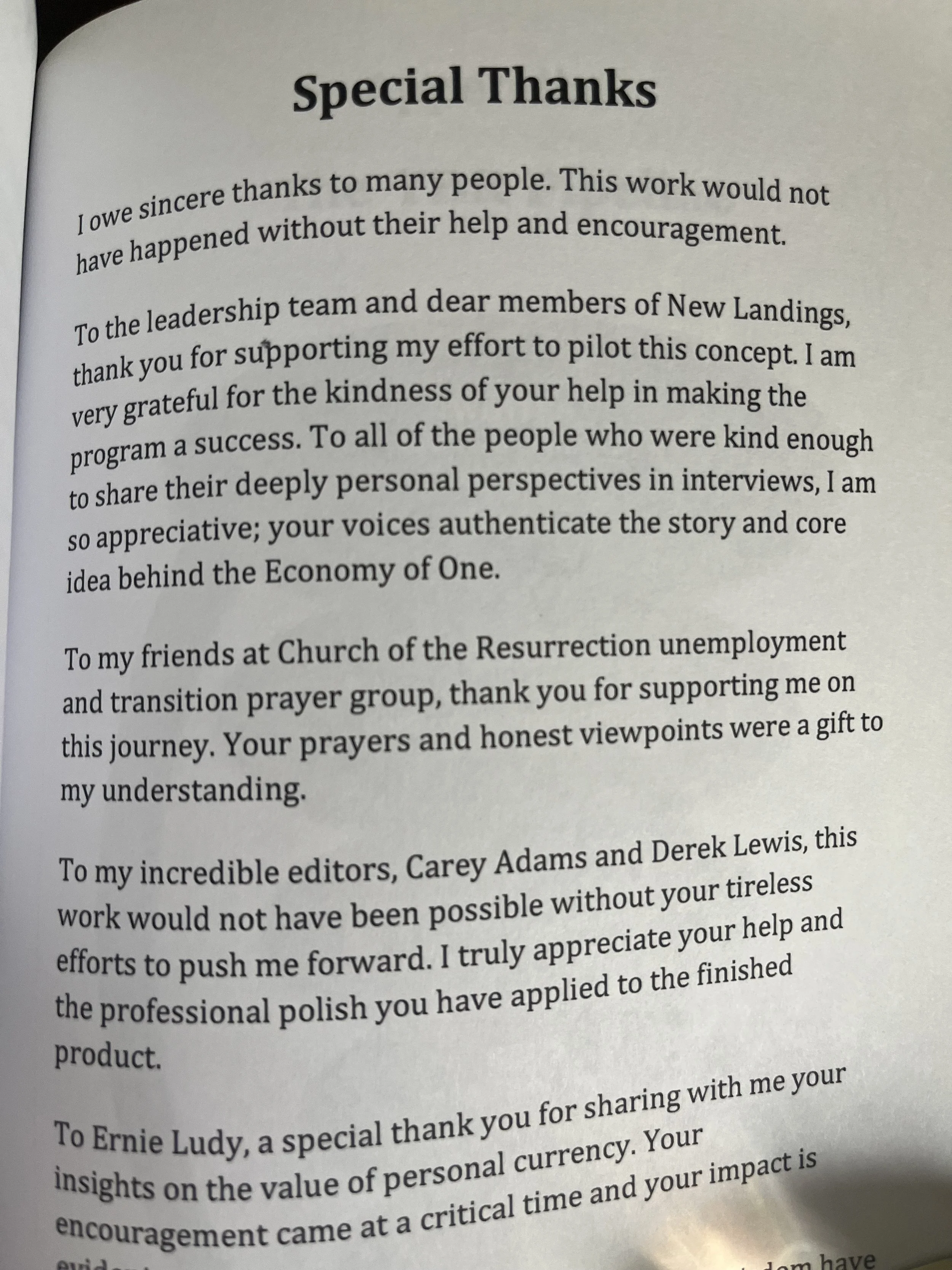 Page of a book with a section titled 'Special Thanks' expressing gratitude to various people, including leadership team, friends at a church, editors, and someone named Ernie Ludy.