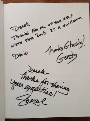 A handwritten thank you note signed by three different people, thanking someone for sharing and wishing them well.