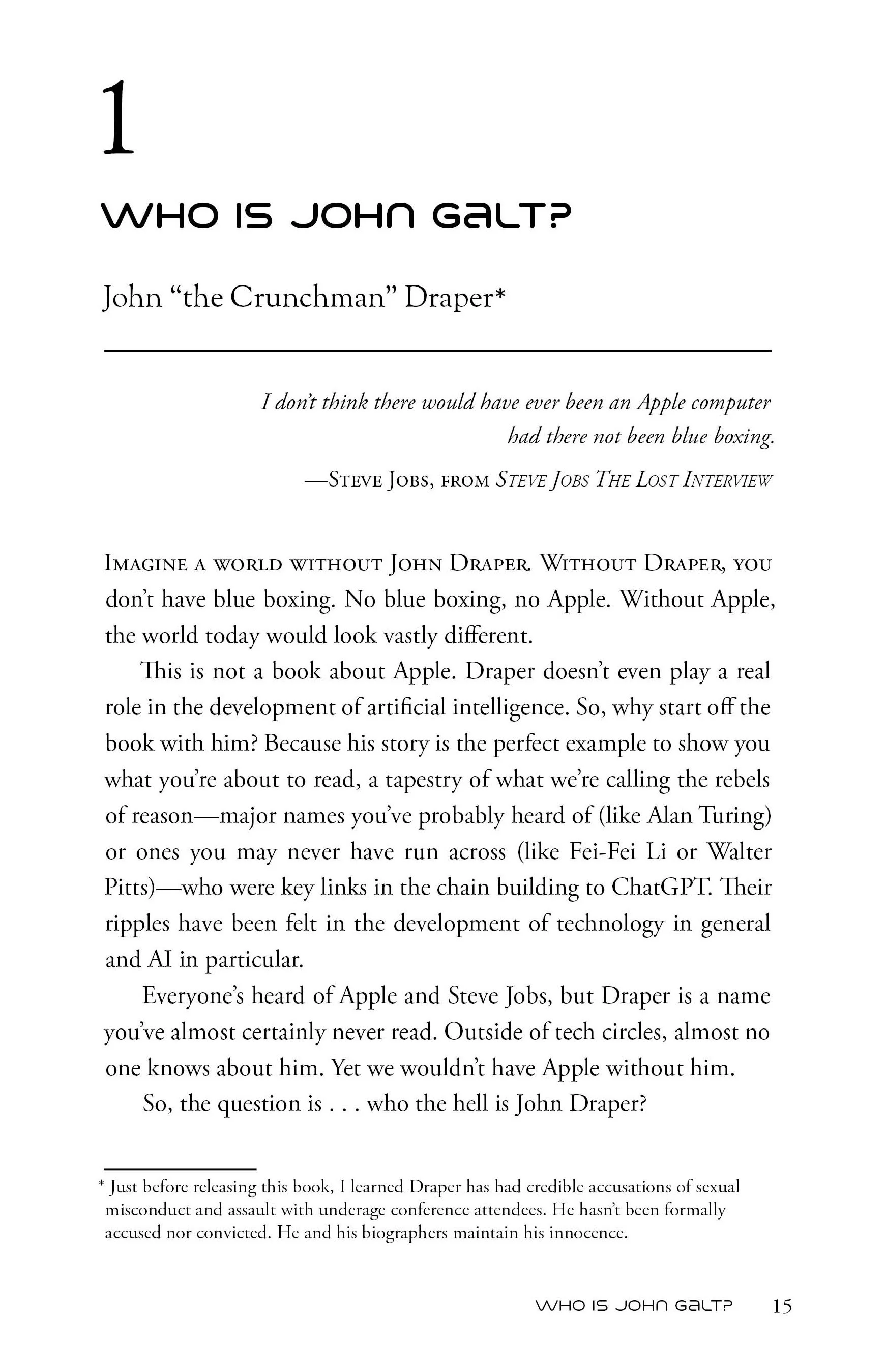 Page from a book titled "Who is John Galt?" about John 'the Crunchman' Draper, discussing his role in AI development and his background, with a quote from Steve Jobs and a footnote about allegations against Draper.