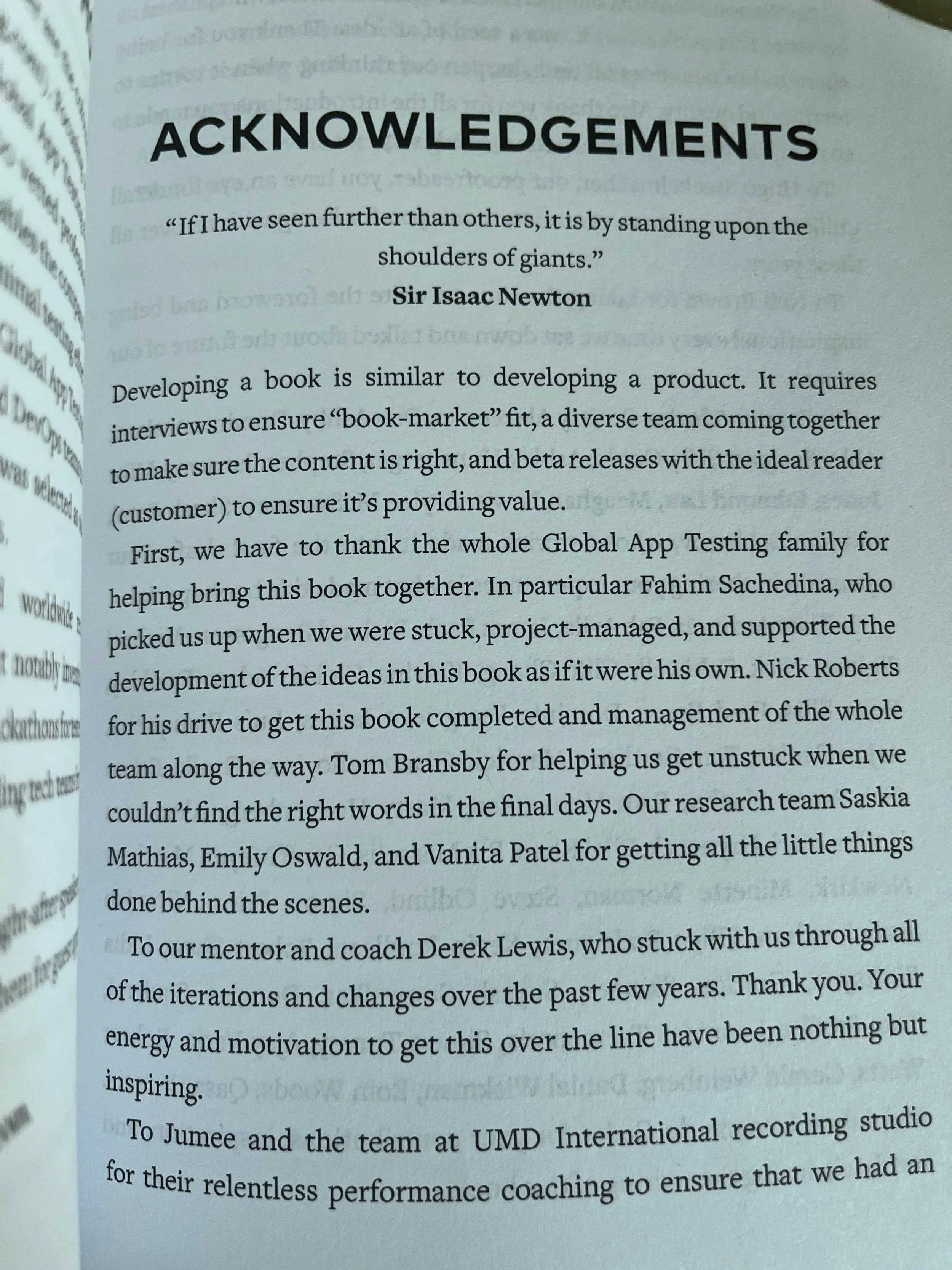 Page from a book showing acknowledgements section, including quotes and thanks to team members and mentors.